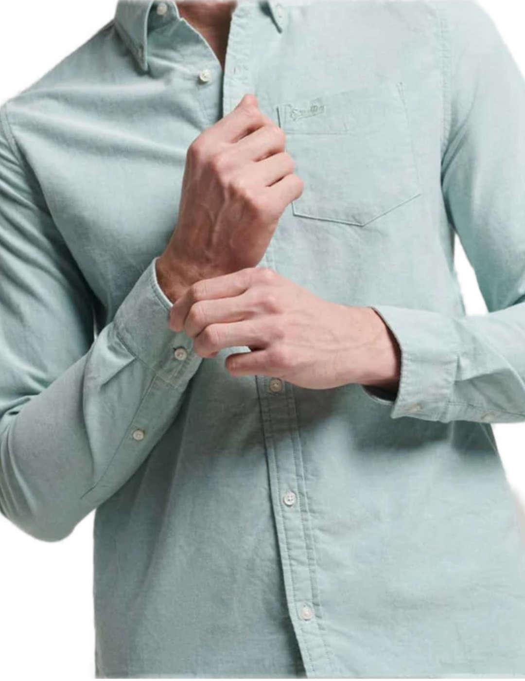 Camisa Supedry Washed verde manga larga para hombre