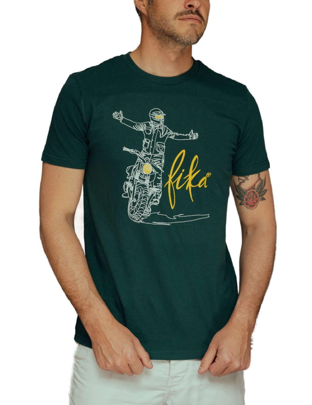 Camiseta Fika&Co Rules verde dibujo moto para hombre
