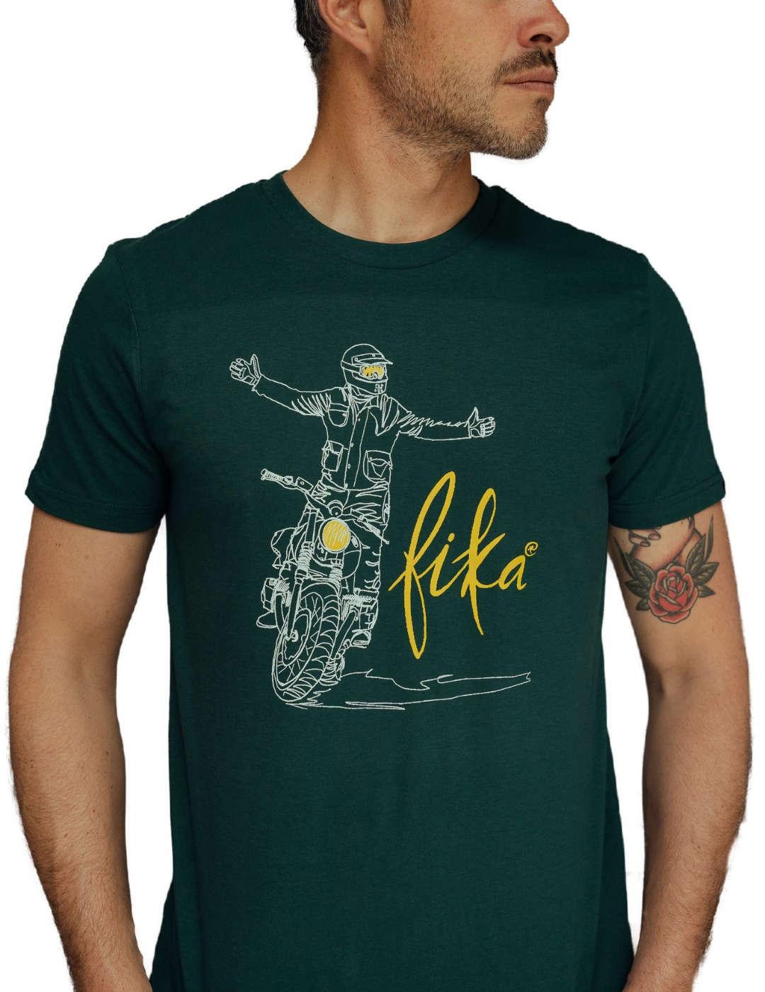 Camiseta Fika&Co Rules verde dibujo moto para hombre