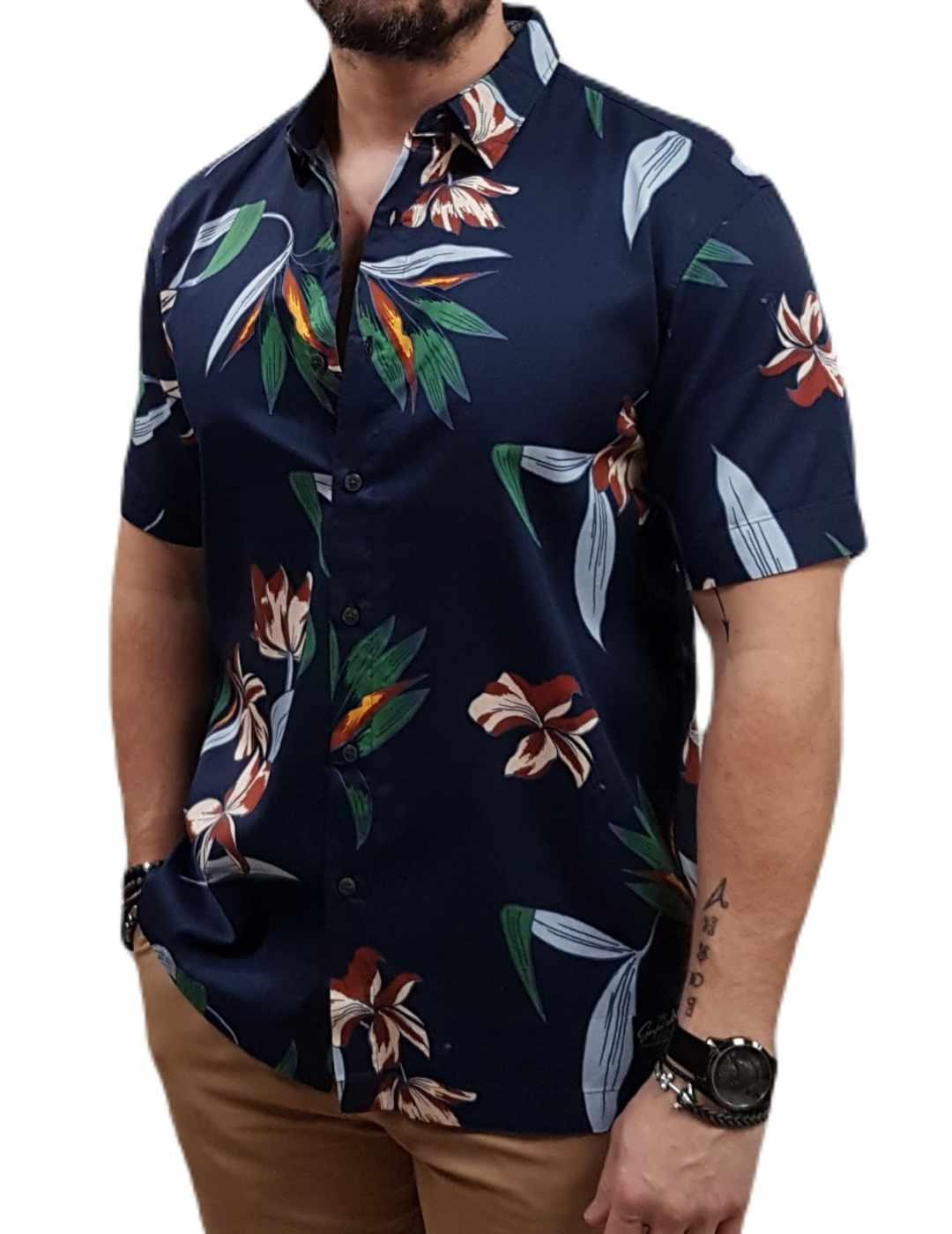 Camisa Supedry Vintage azul marino flores para hombre