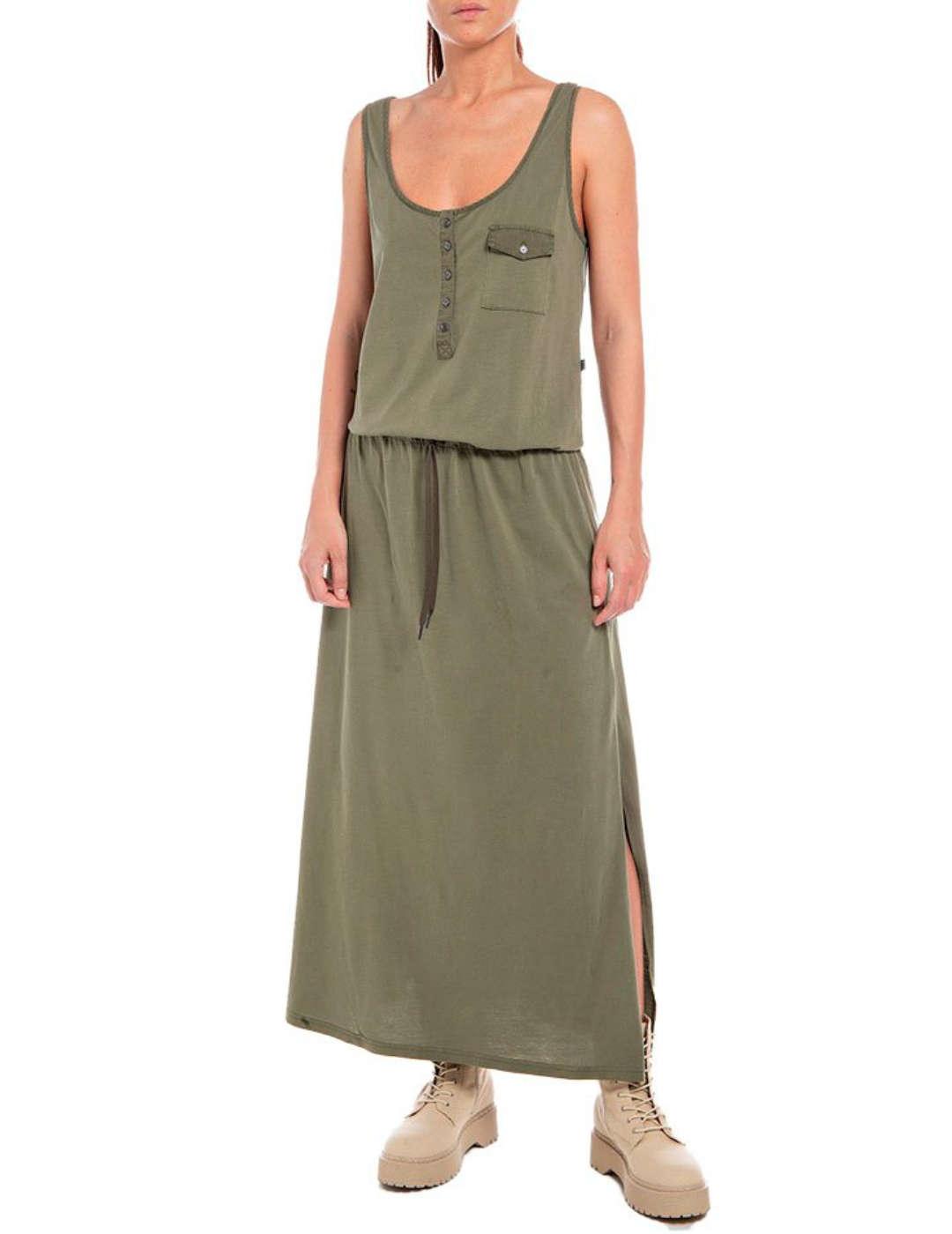 Vestido largo Replay verde militar sin mangas para mujer