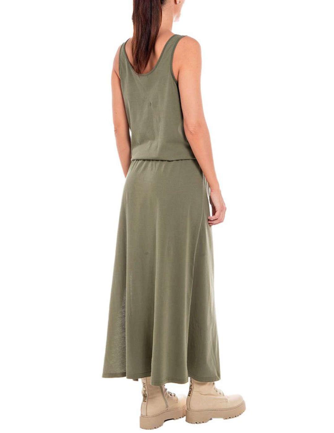 Vestido largo Replay verde militar sin mangas para mujer