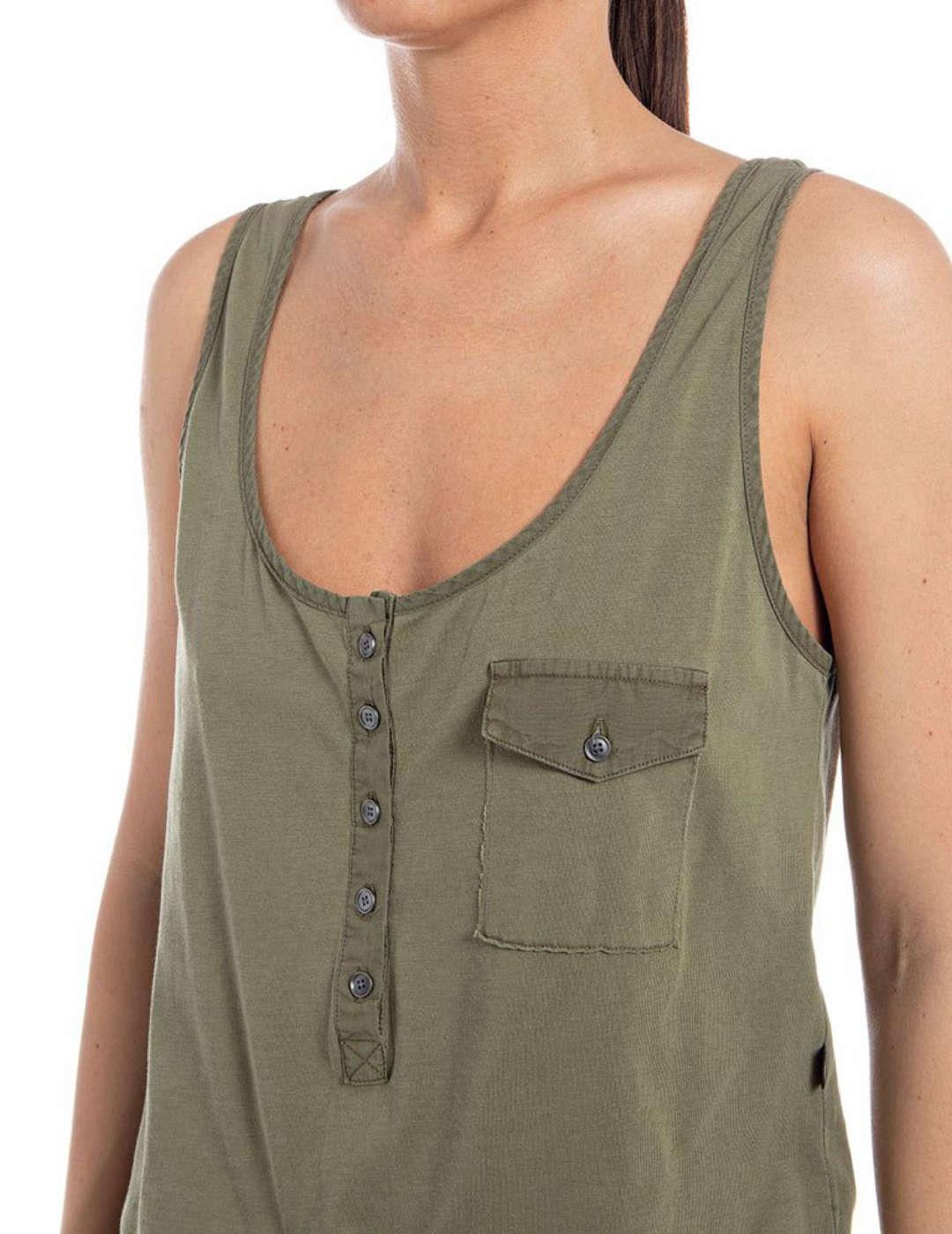 Vestido largo Replay verde militar sin mangas para mujer