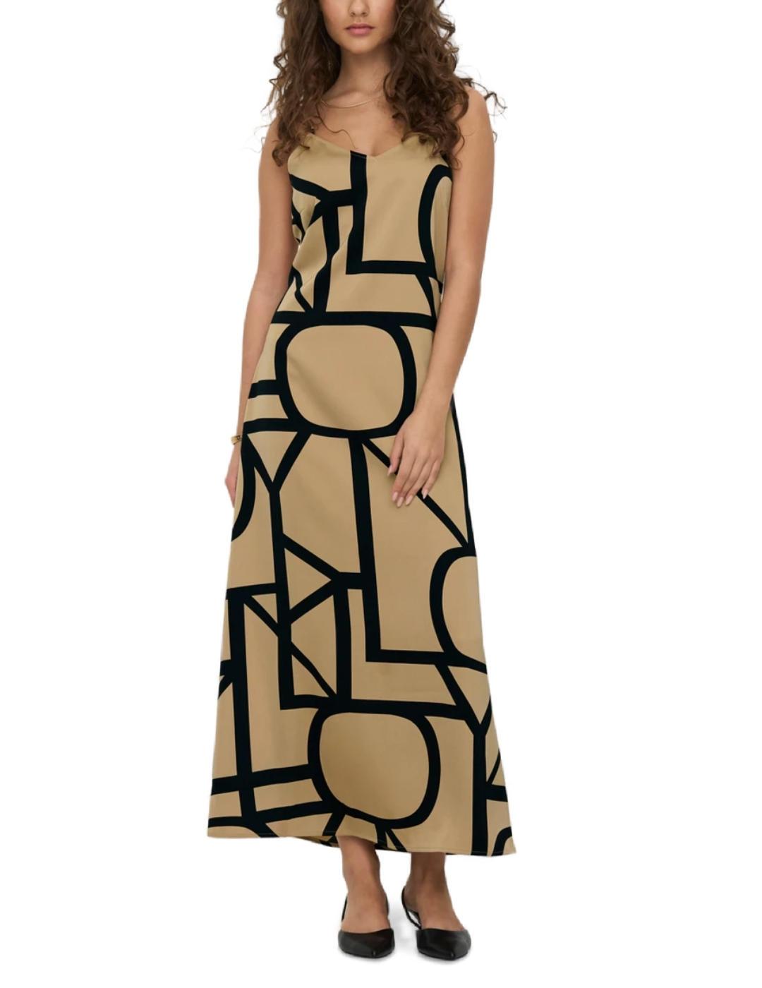 Vestido largo Only beige estampado negro de tirantes mujer