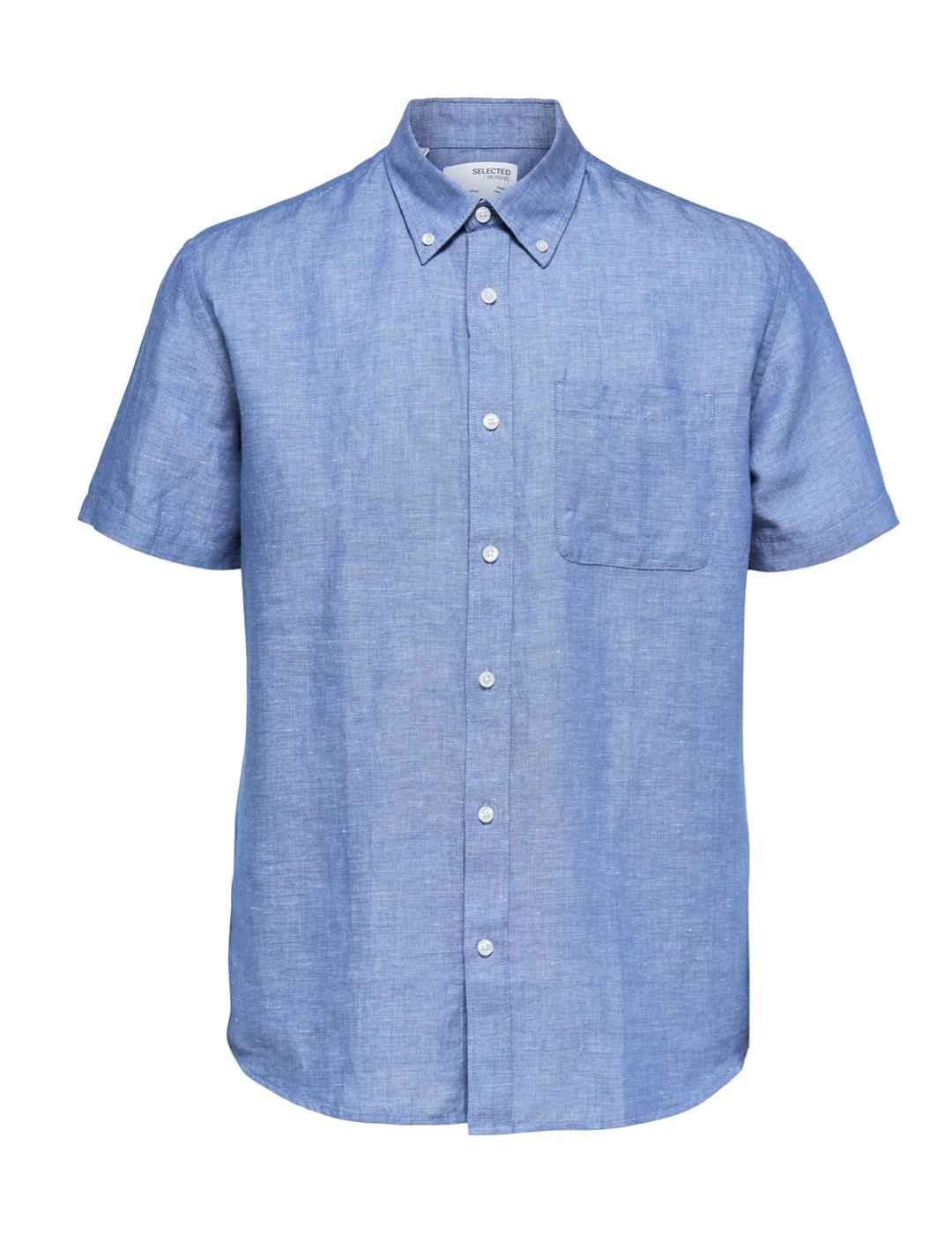 Camisa Selected Rick celeste manga corta lino para hombre