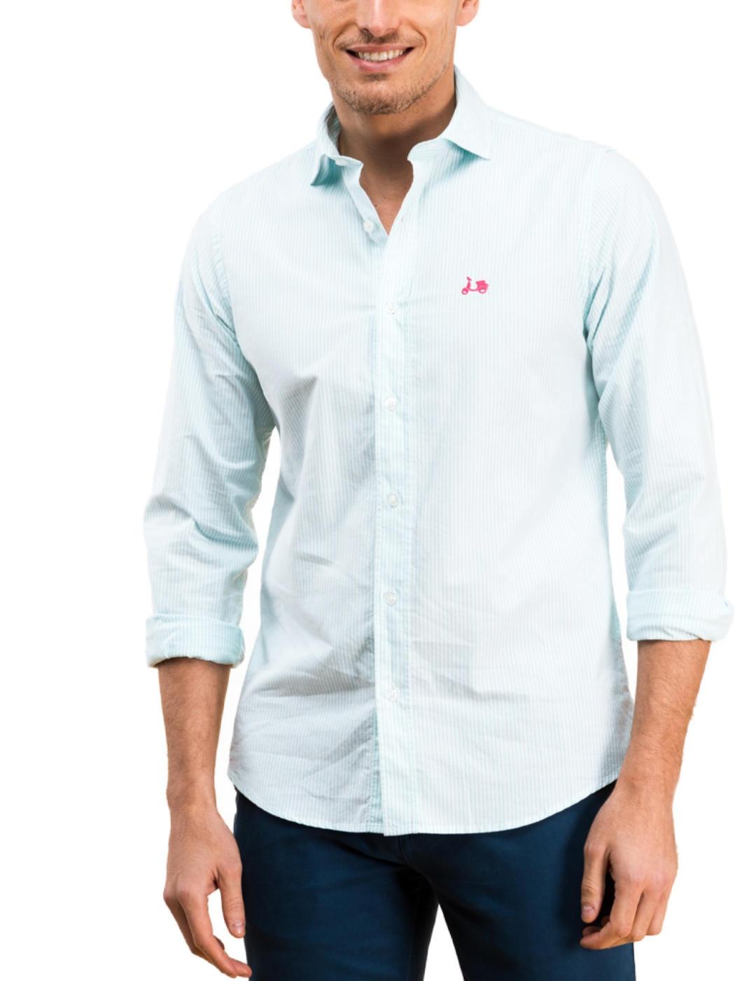 Camisa Scotta verde agua rayas con logo bordado rosa  hombre