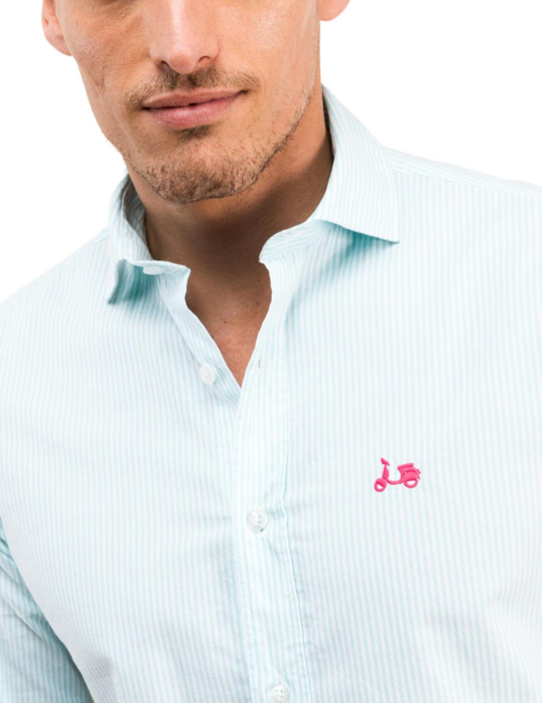 Camisa Scotta verde agua rayas con logo bordado rosa  hombre