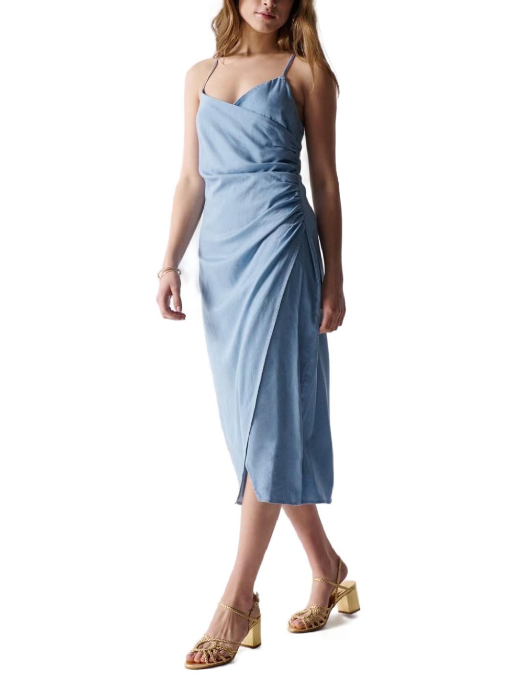 Vestido Salsa midi fruncido azul lyocell de tirantes mujer