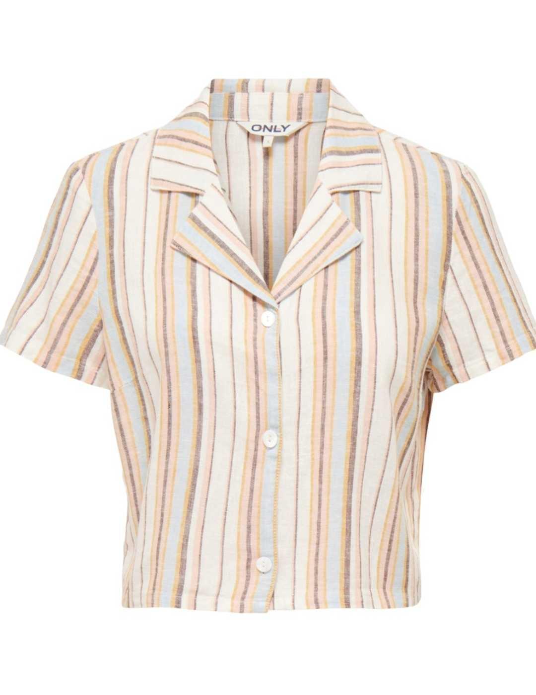 Camisa Only Caro beige rayas de lino para mujer