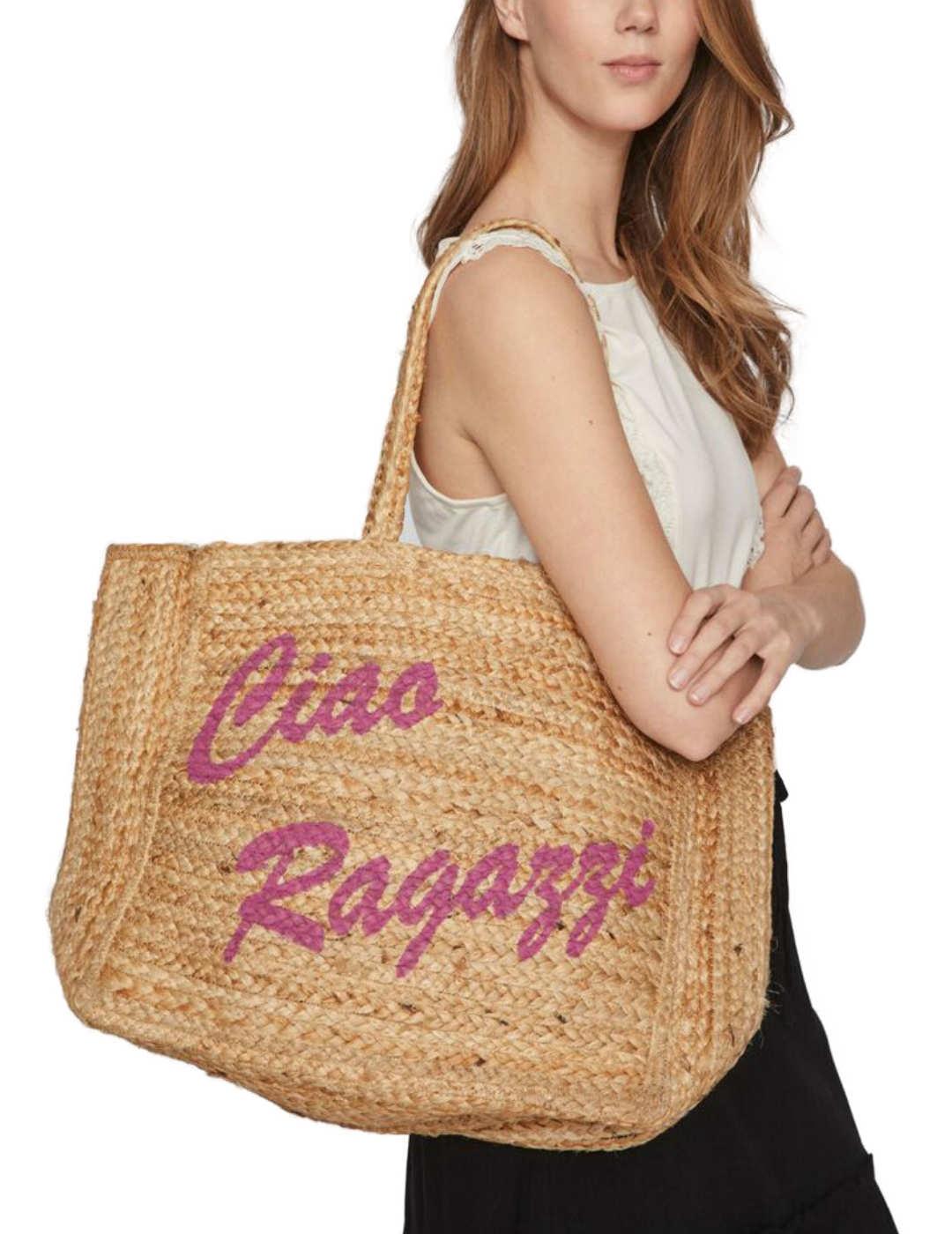 Bolso Vila Terrie yute beige letras rosas para mujer