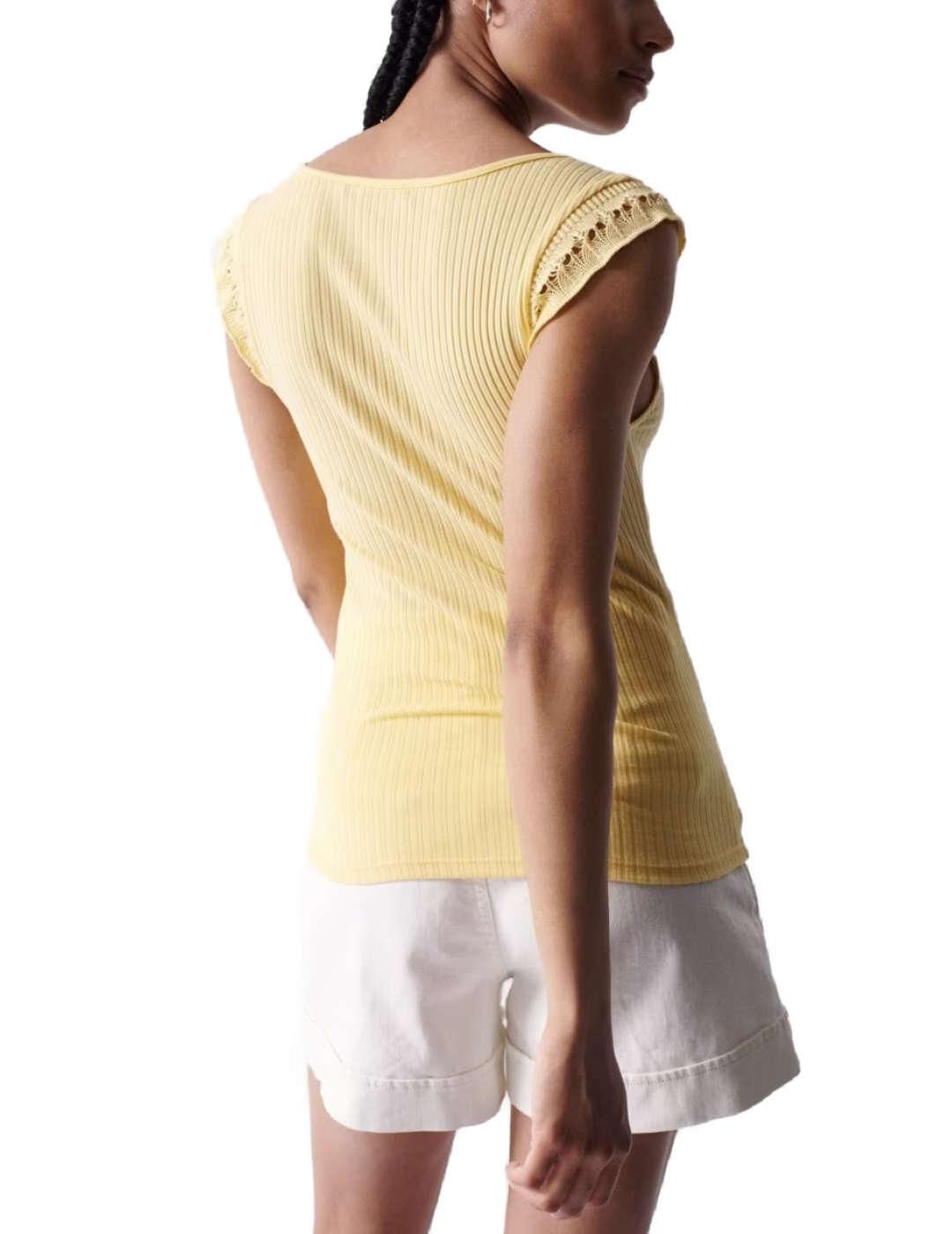 Top Salsa amarillo tirantes de encaje manga corta de mujer