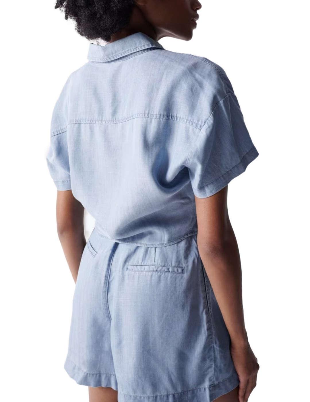Camisa Salsa vaquera cropped loose manga corta de mujer