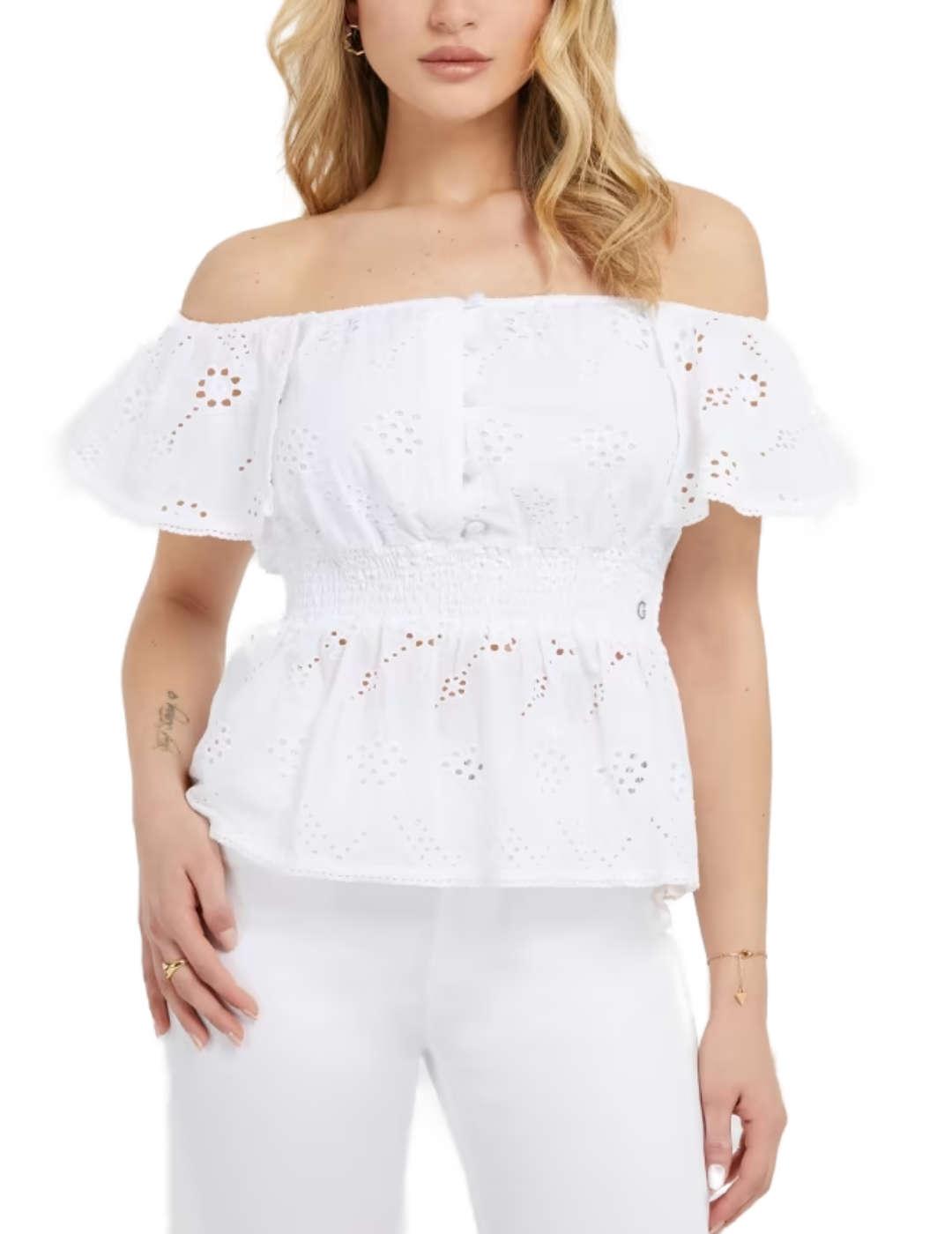Blusa Guess Peggy blanca troquelada para mujer