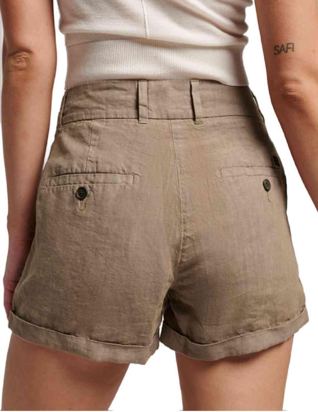 Short Superdry Linen camel de lino para mujer