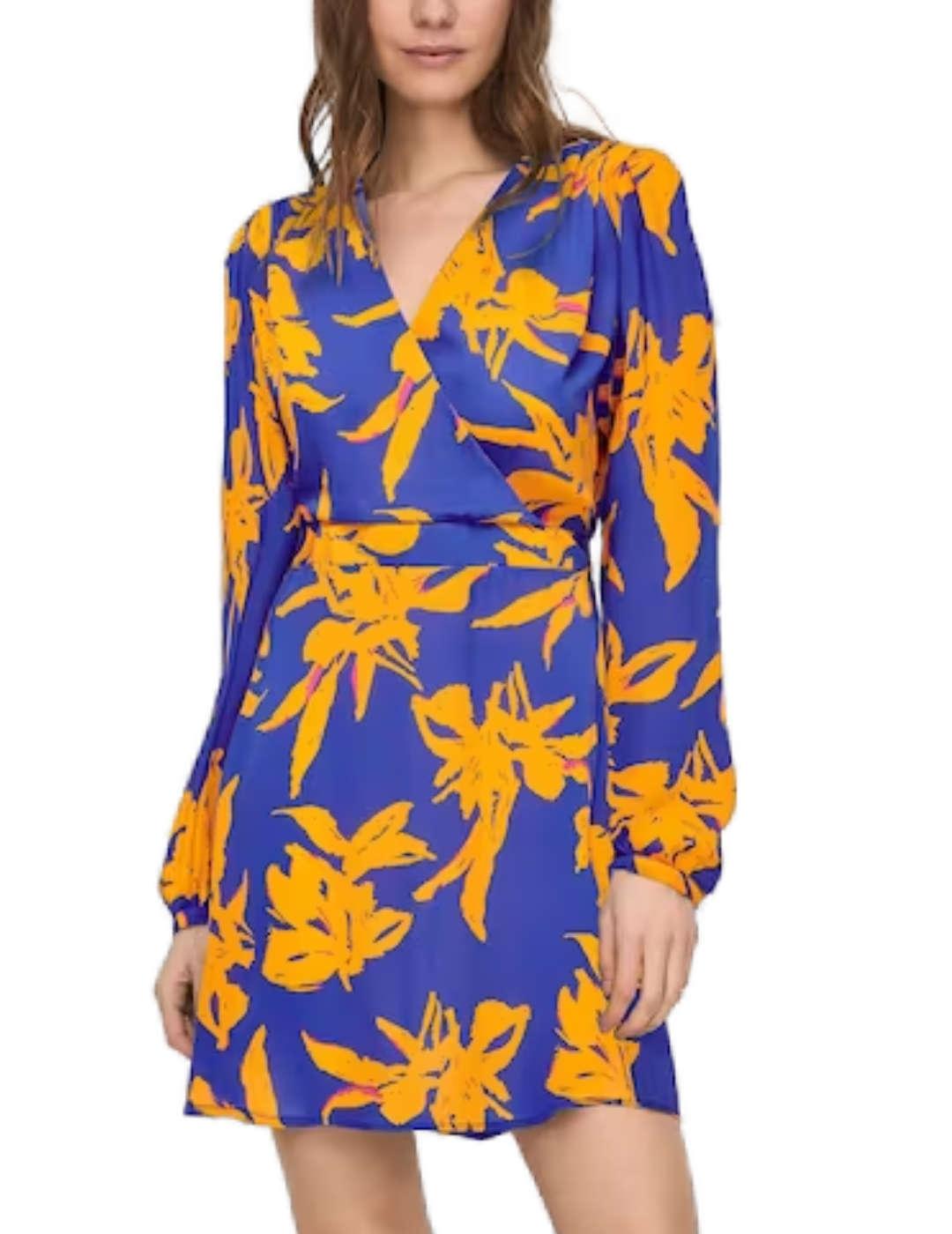 Vestido Only Alma azul y naranja de manga larga para mujer