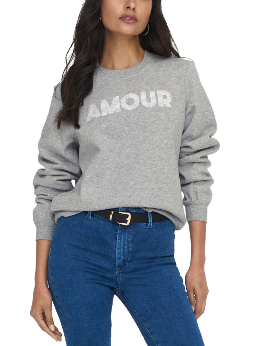 Sudadera Only Ana gris bordado amour para mujer