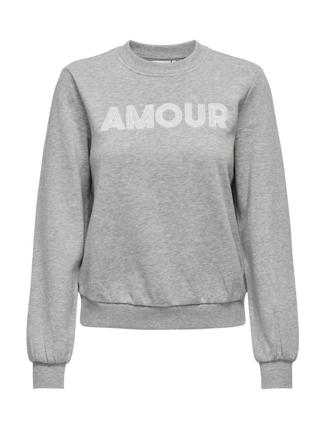 Sudadera Only Ana gris bordado amour para mujer