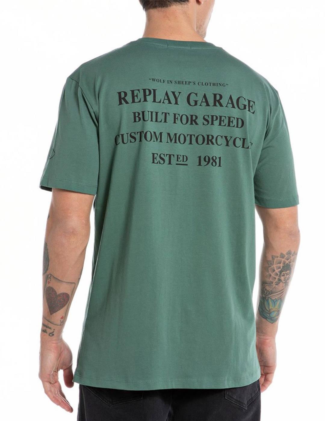 Camiseta Replay verde estampada manga corta para hombre