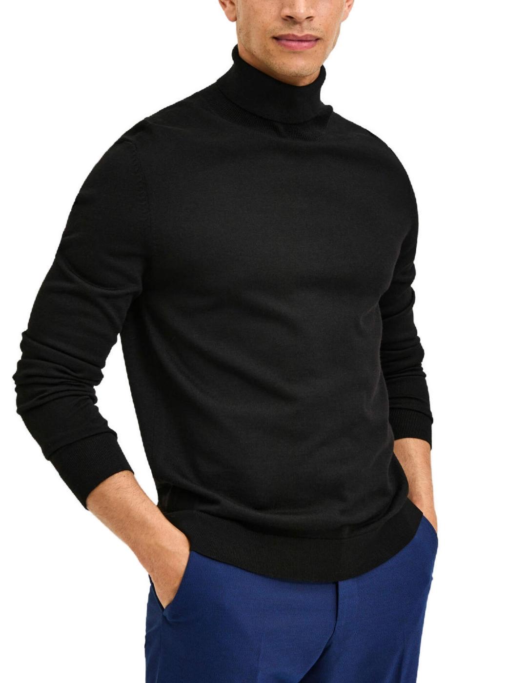 Jersey Selected Merino negro cuello vuelto para hombre