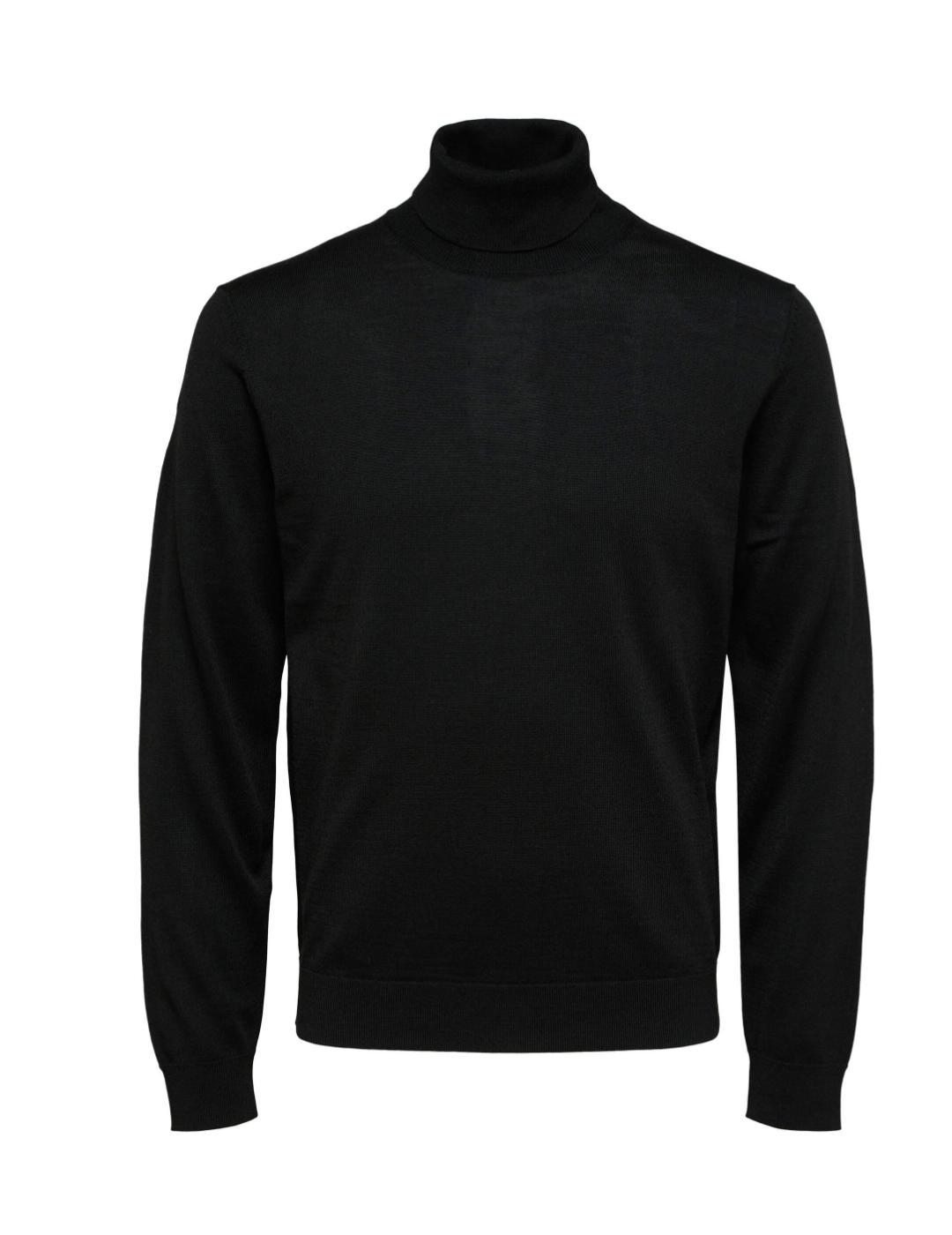 Jersey Selected Merino negro cuello vuelto para hombre