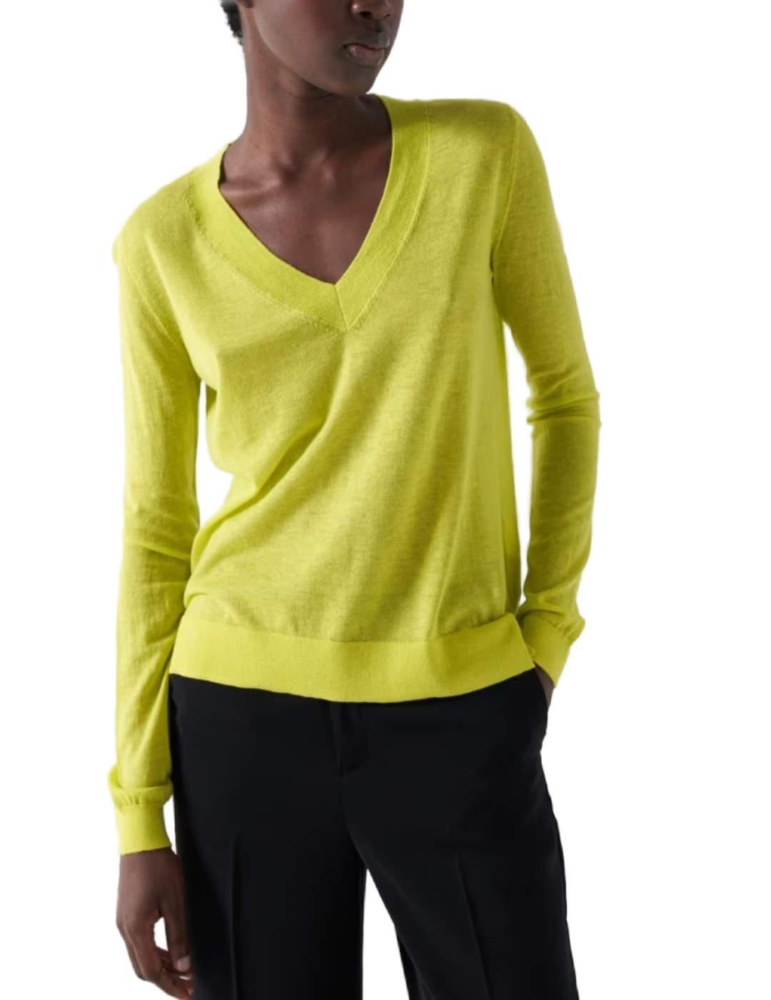 Jersey Salsa punto fino fluor cuello pico  para mujer