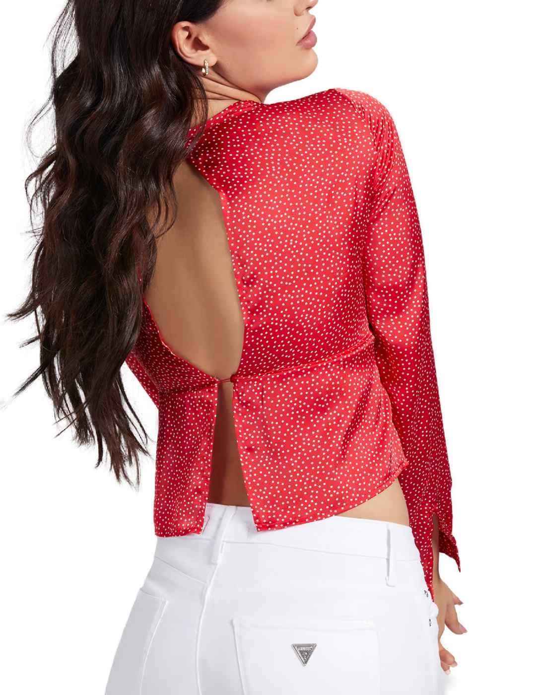 Top Guess rojo con topitos manga larga fruncido de mujer