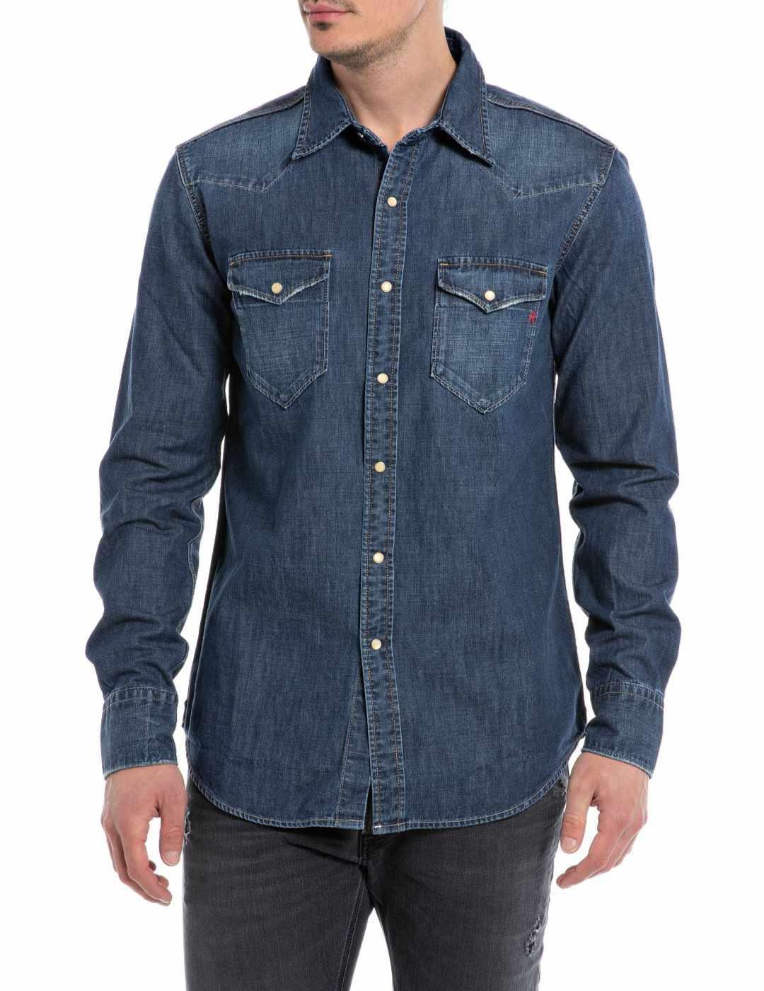 Camisa vaquera Replay azul oscuro con bolsillos para hombre