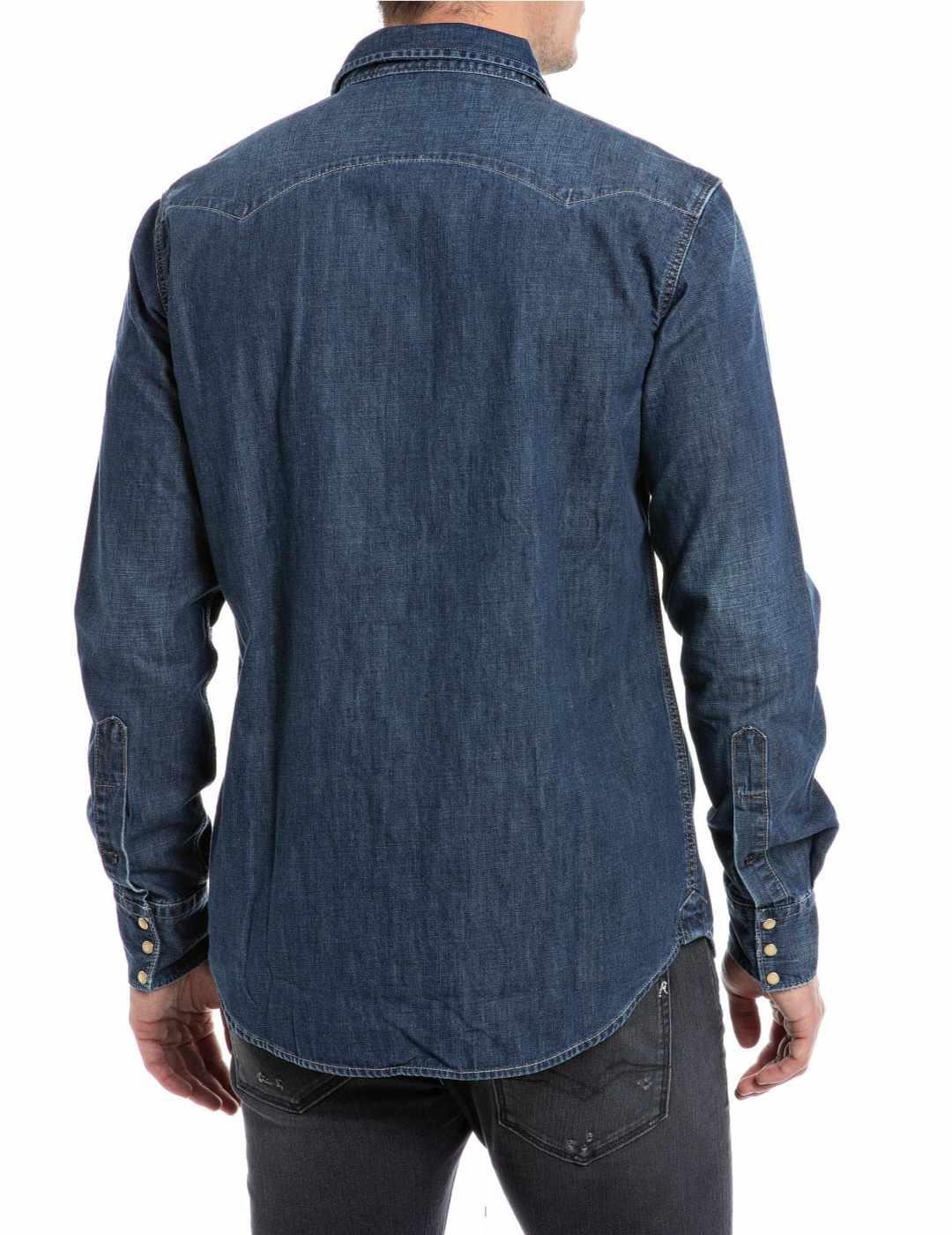 Camisa vaquera Replay azul oscuro con bolsillos para hombre