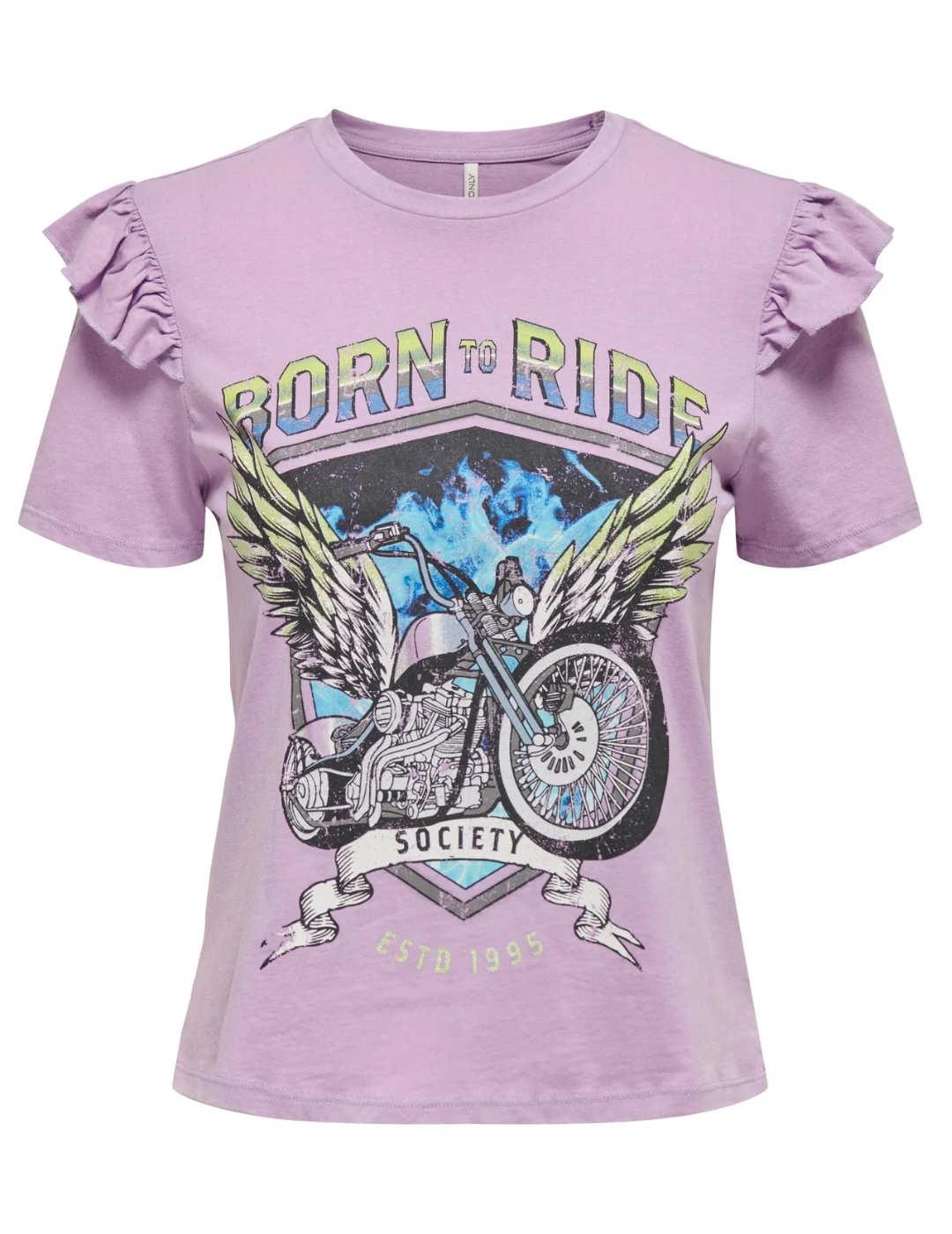 Camiseta Only Lucy lila volantes dibujo moto para mujer