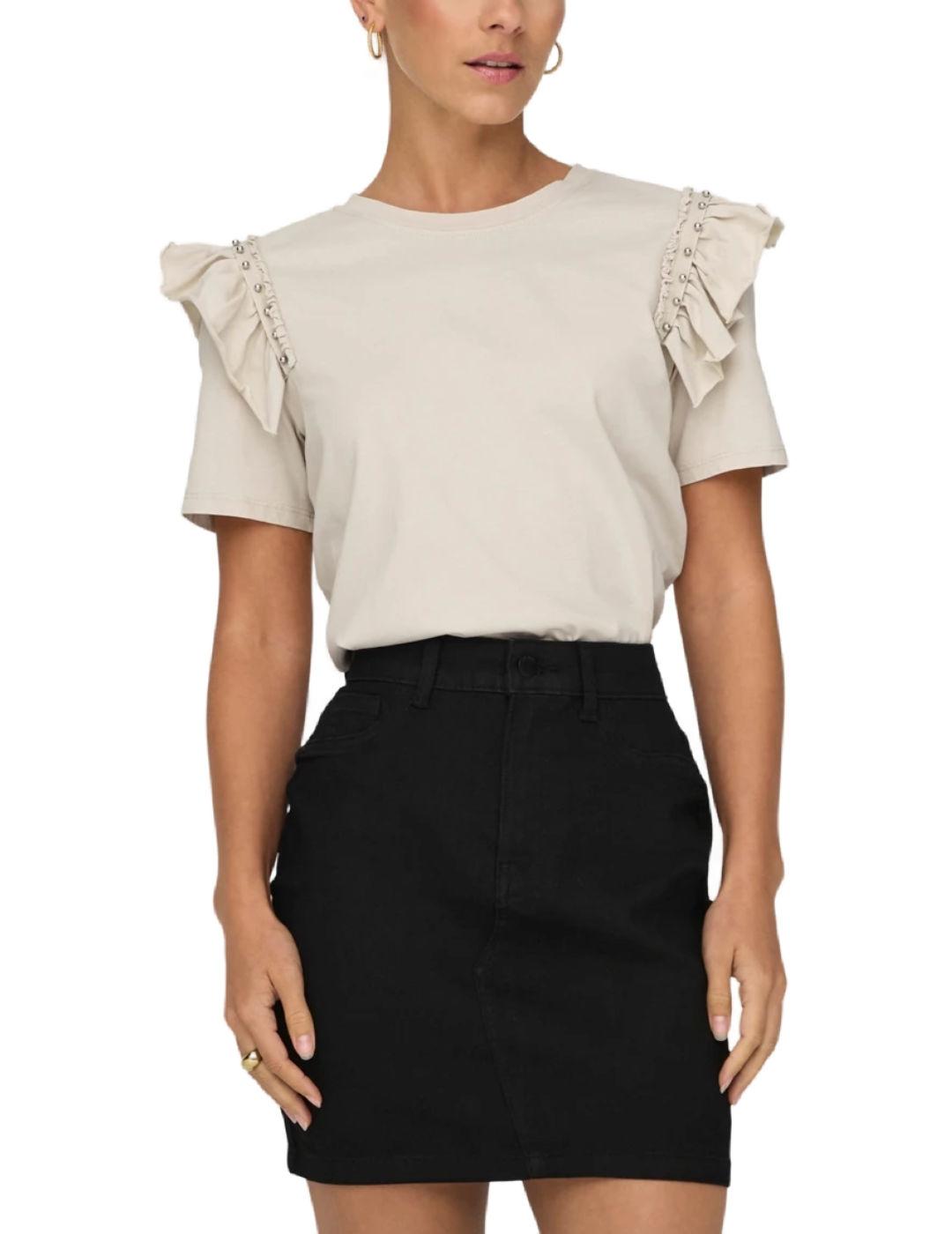 Camiseta Only Rebelle beige volantes para mujer
