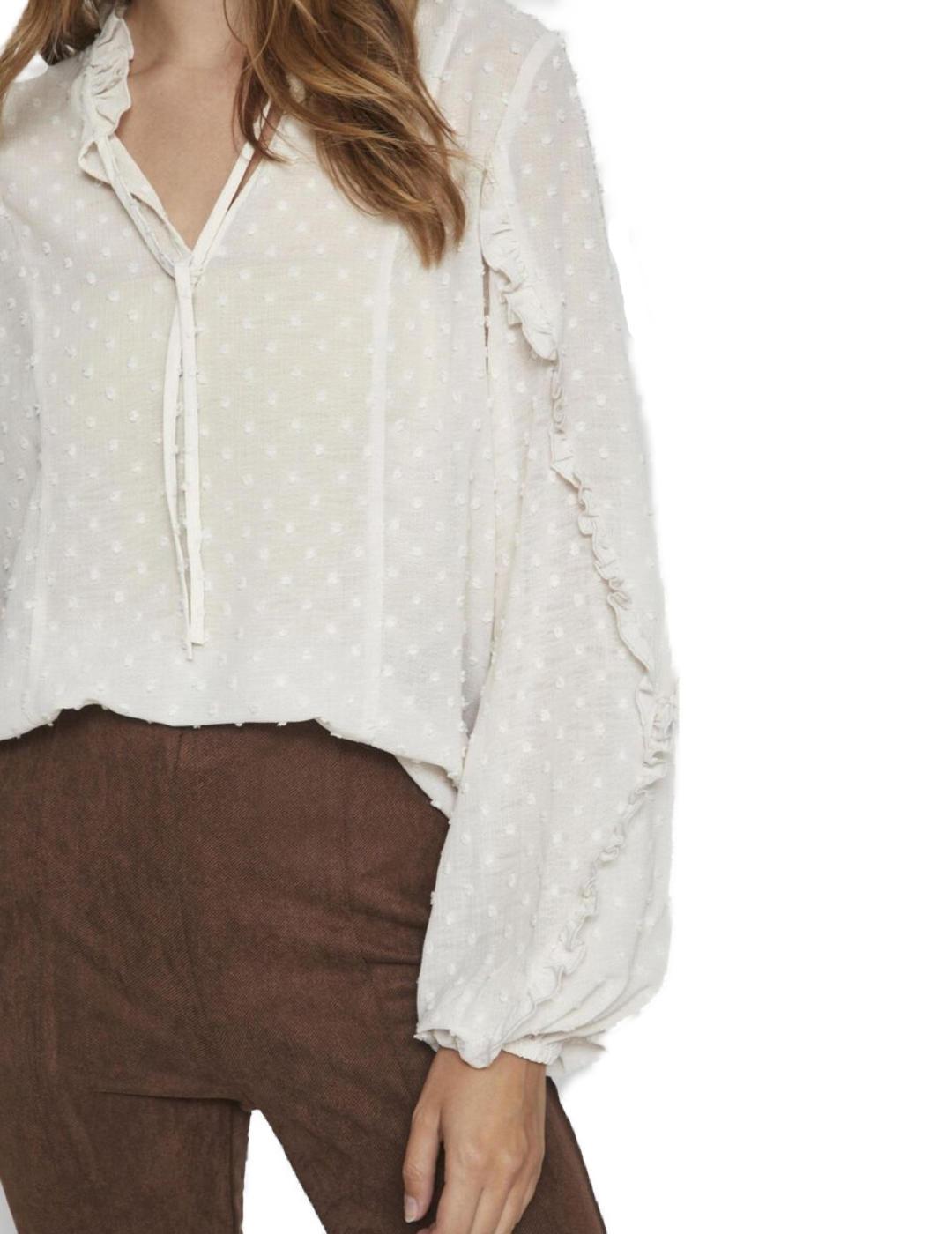 Blusa Vila Arnea blanco lunares mangas globo para mujer