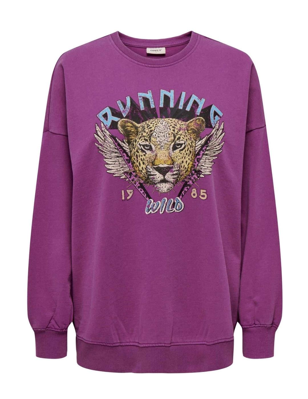 Sudadera Only Lucinda rosa dibujo tigre de mujer