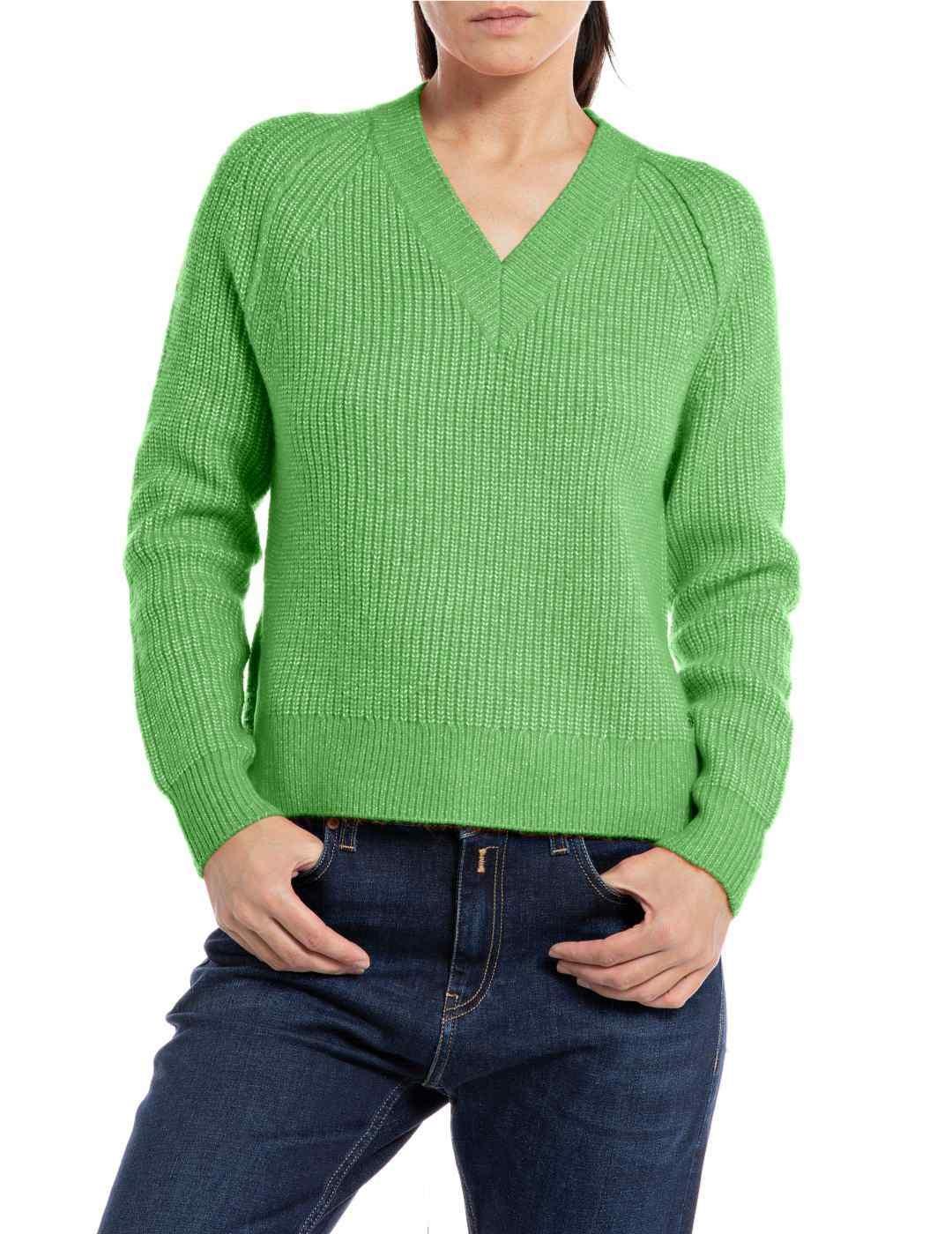Jersey Replay 674 verde cuello de pico para mujer