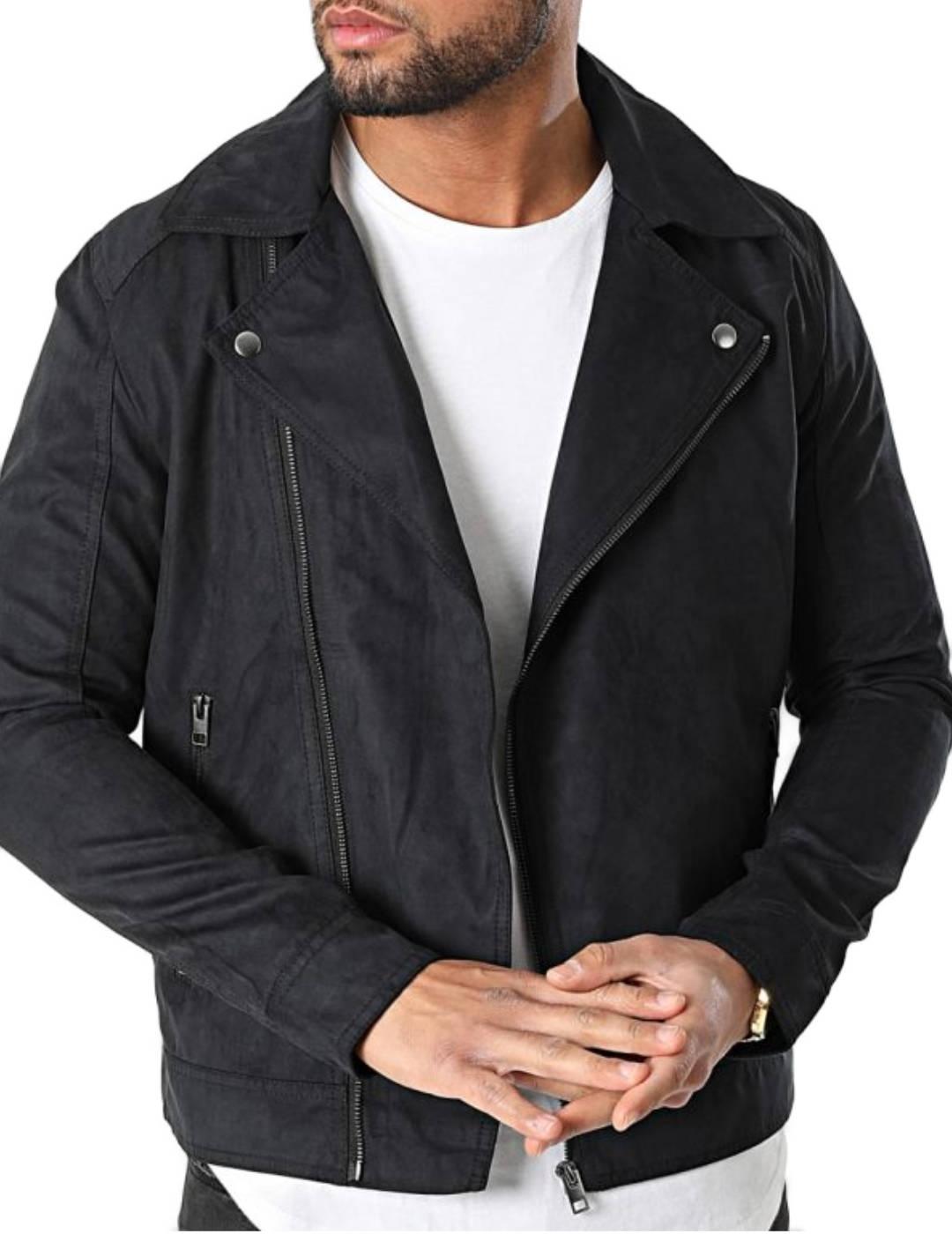 Cazadora biker negra Jack&Jones cuello con solapas de hombre