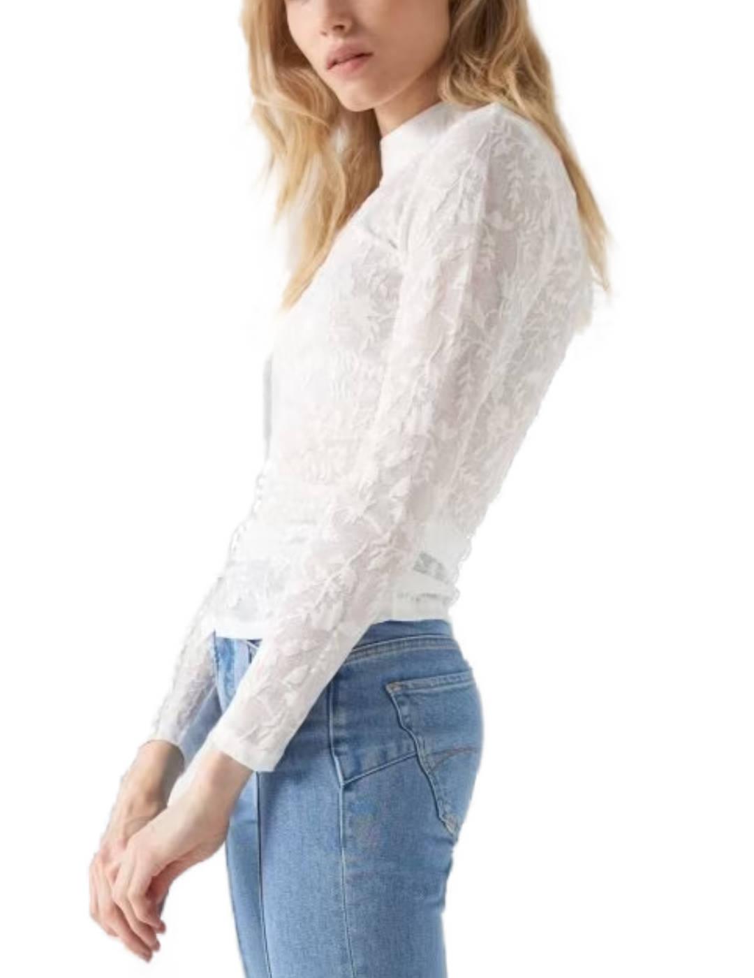 Camiseta Salsa de manga larga material textura blanco mujer