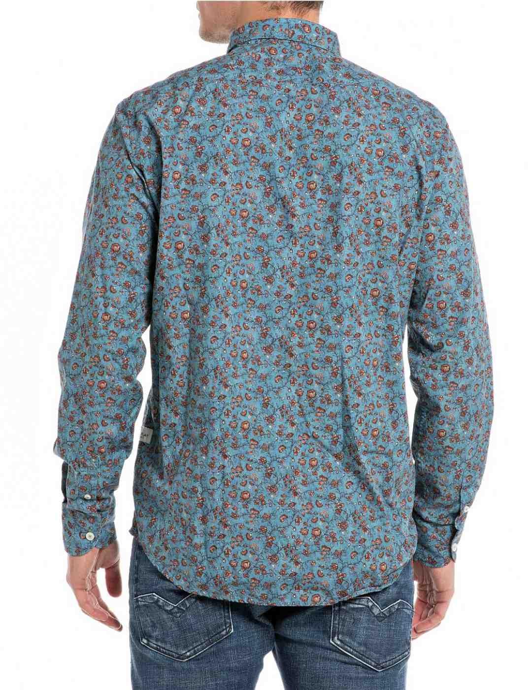 Camisa Replay estampado flores marrón fondo azul para hombre
