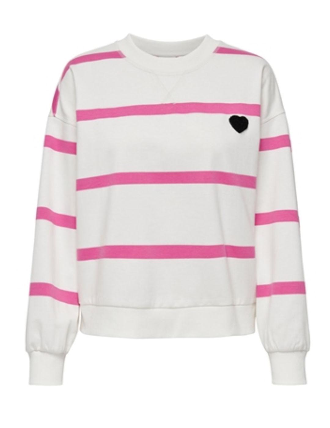 Sudadera Only Serena blanca raya rosa sin capucha de mujer
