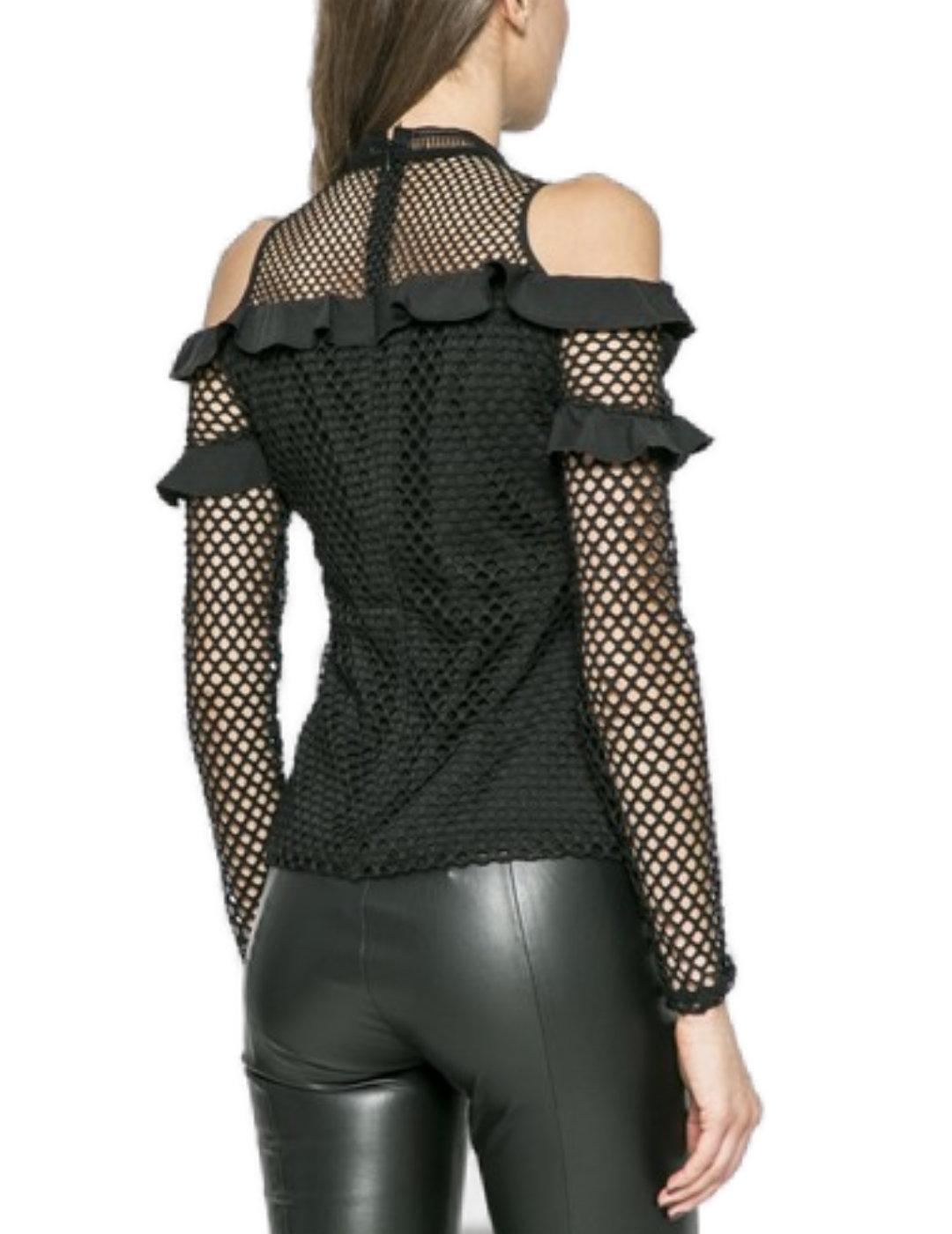 Blusa Guess calada negra con volante de manga larga de mujer