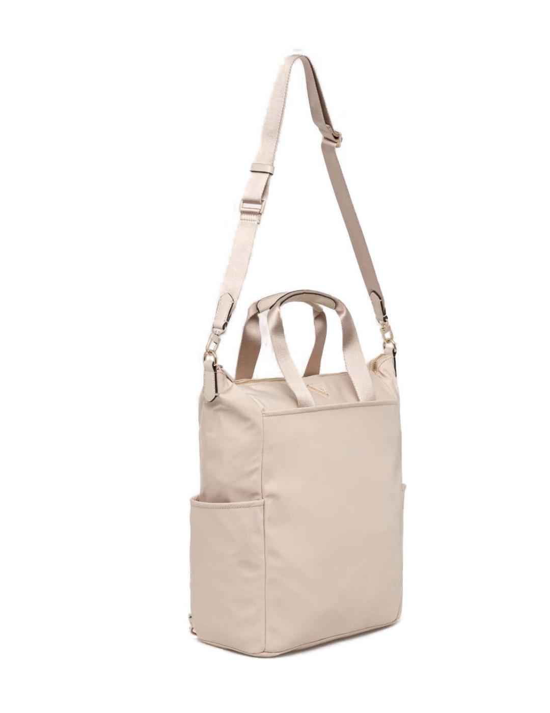 Mochila Guess Eco Gemma beige dos asas y correa para mujer