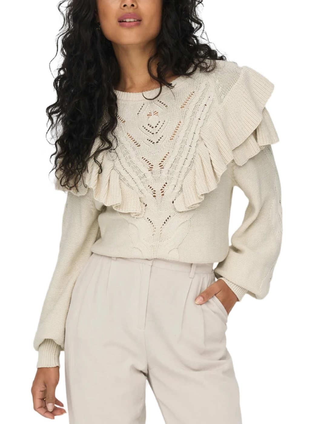 Jersey Only Rillo beige con volantes para mujer
