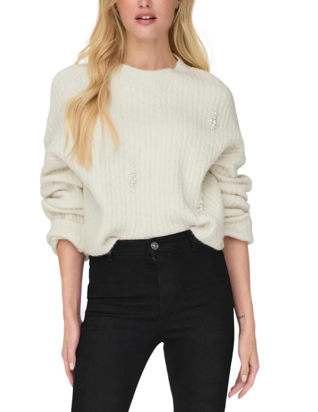 Jersey Only Marilla beige con perlas hombros caídos de mujer