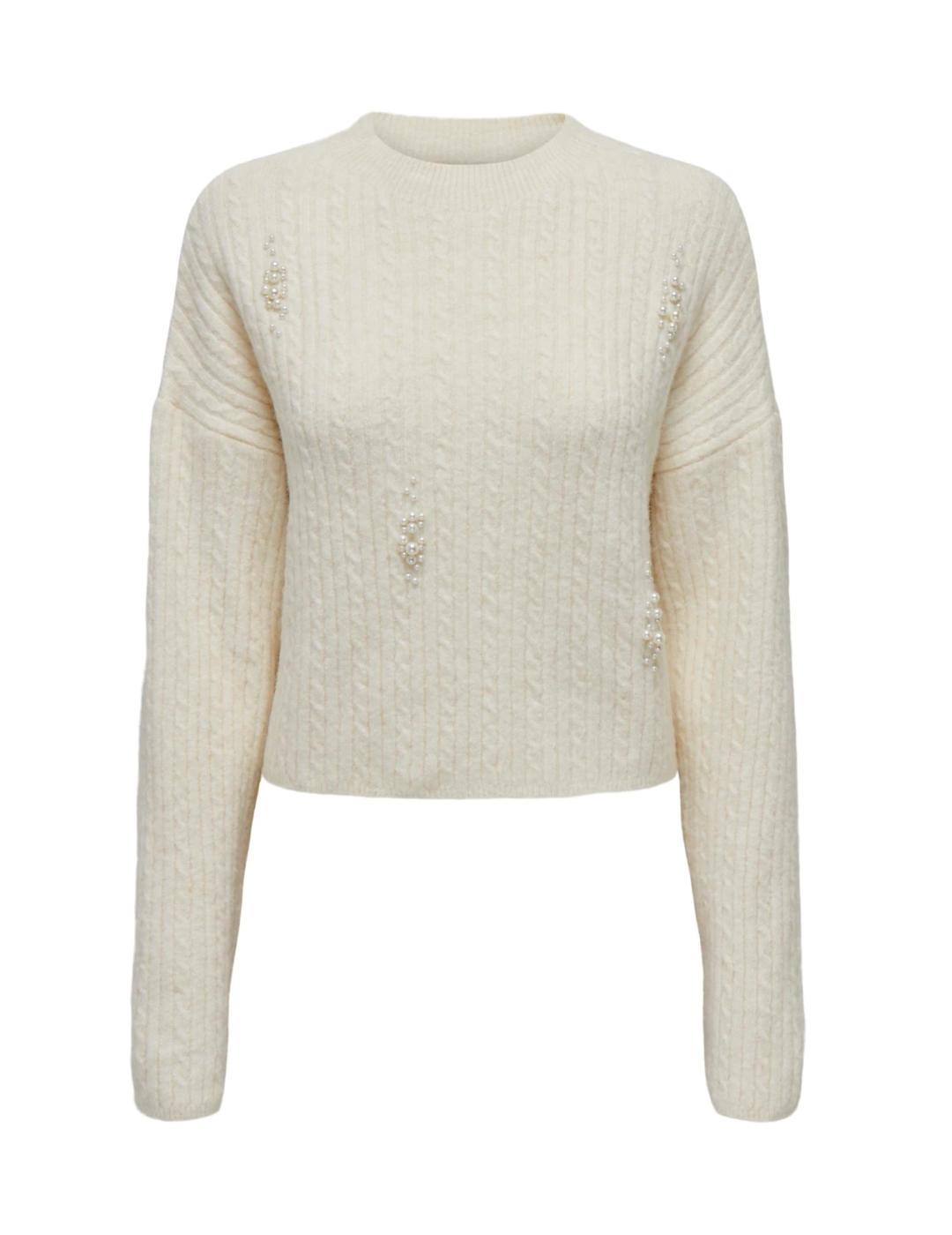 Jersey Only Marilla beige con perlas hombros caídos de mujer