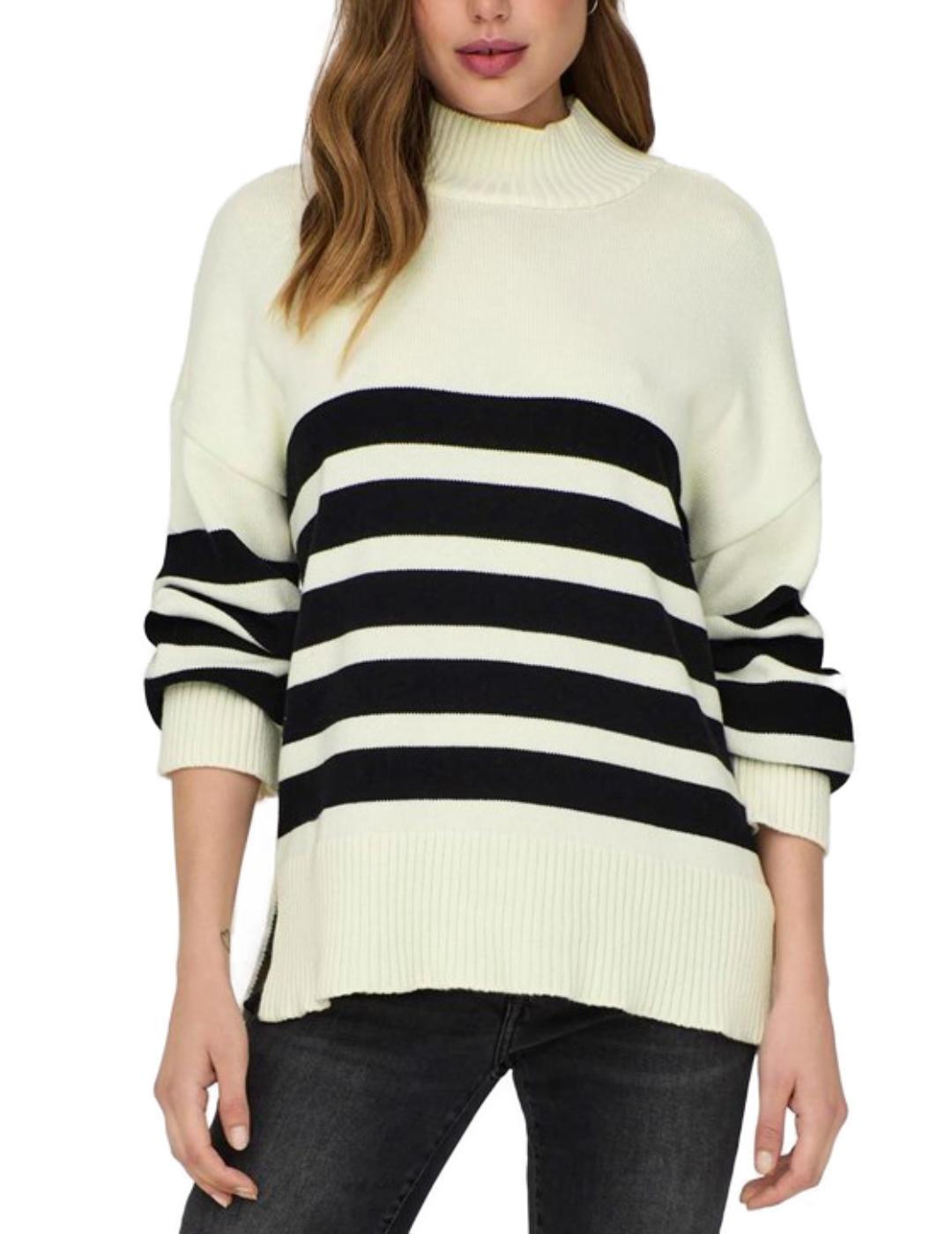 Jersey Only Saga blanco raya negra cuello perkins para mujer