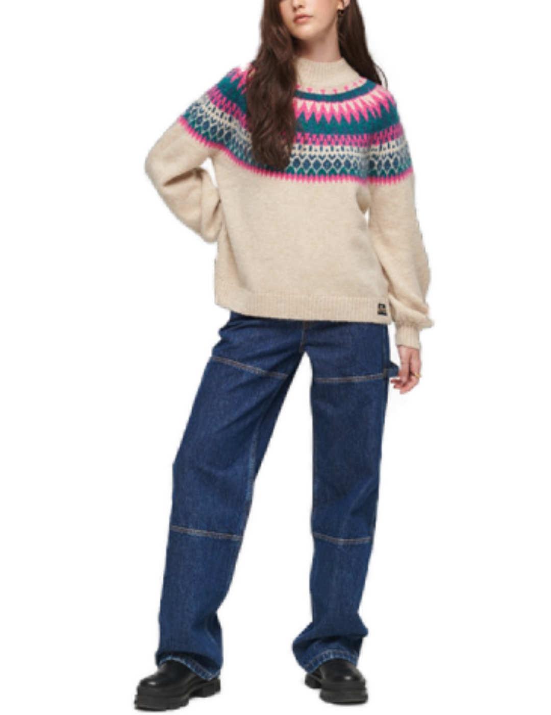 Jersey Superdry Slouchy beige grecas cuello subido de mujer