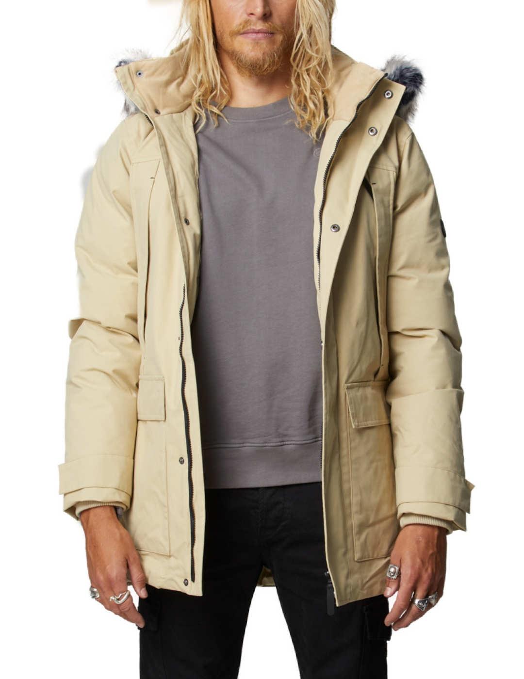 Parka Altonadock beige larga con capucha de pelo para hombre