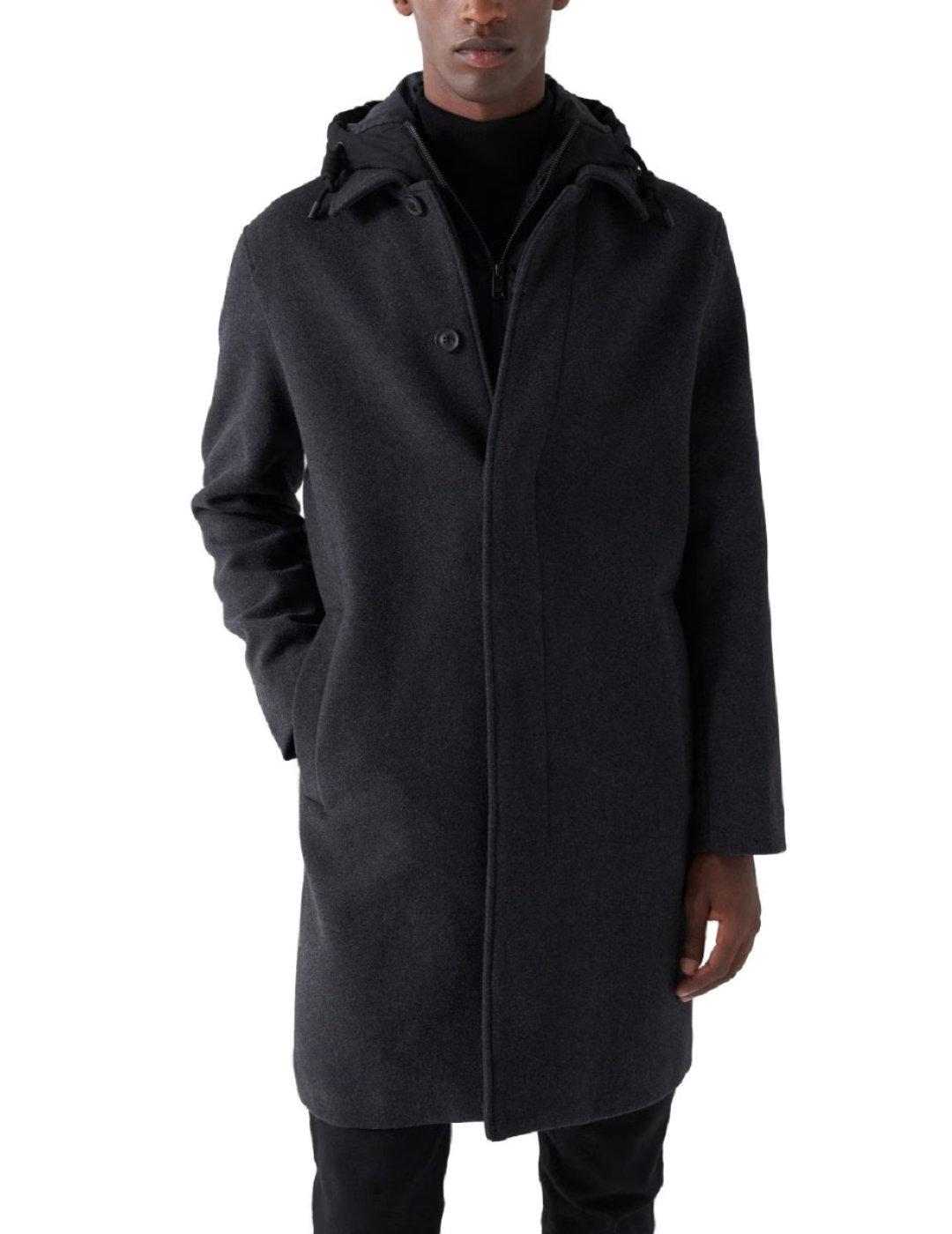 Abrigo Salsa de paño largo con capucha negro de hombre