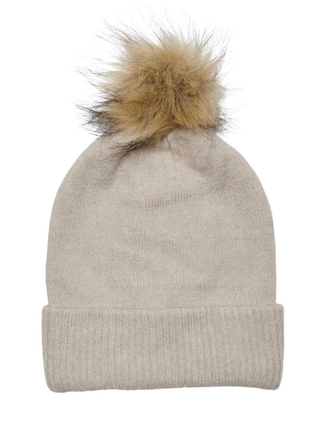 Gorro Only Sienna beige con pompón marrón para mujer