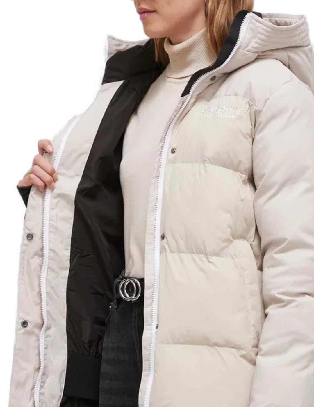 Abrigo plumas Superdry City beige con capucha para mujer