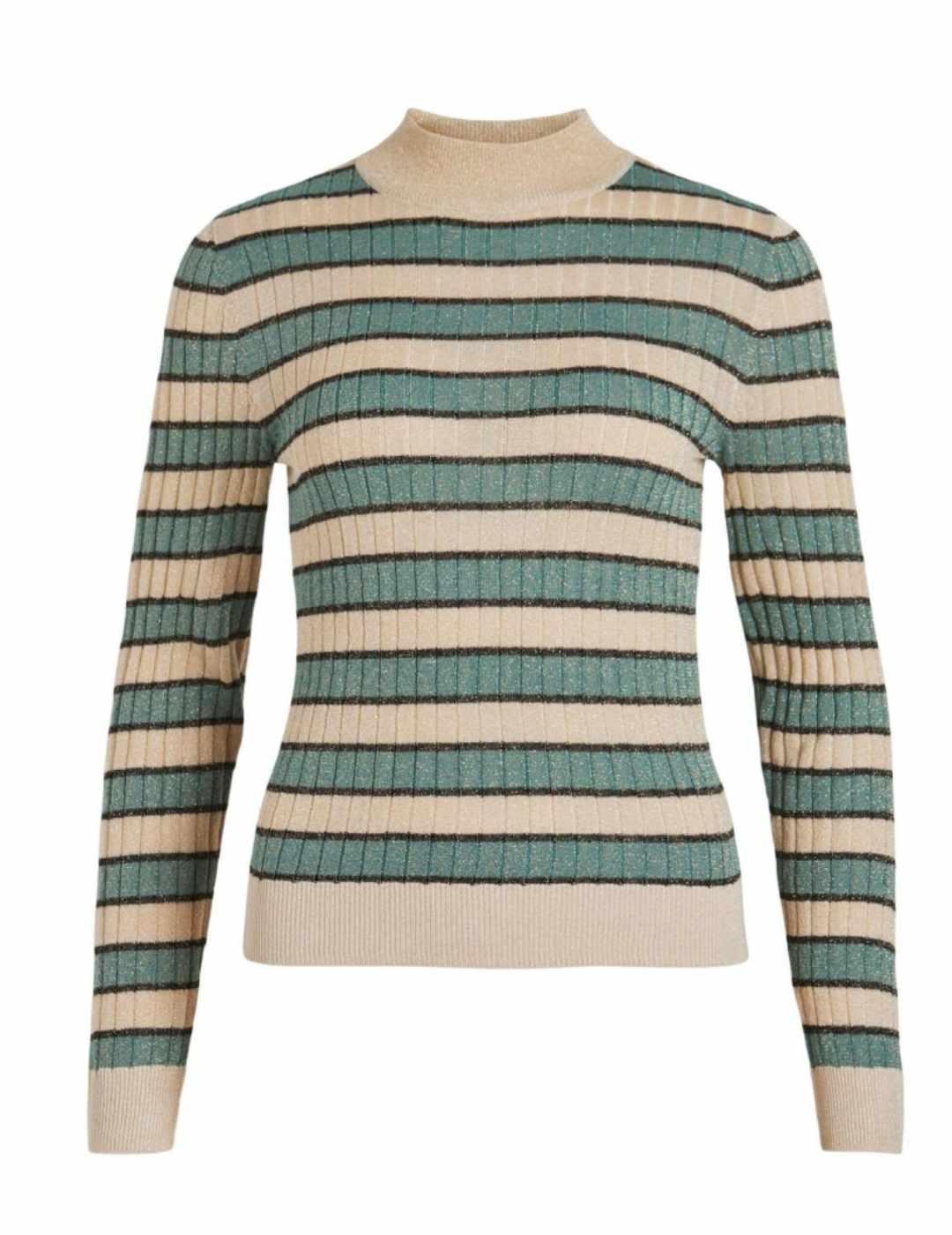 Camiseta Vila Sia beige raya verde cuello perrkins de mujer
