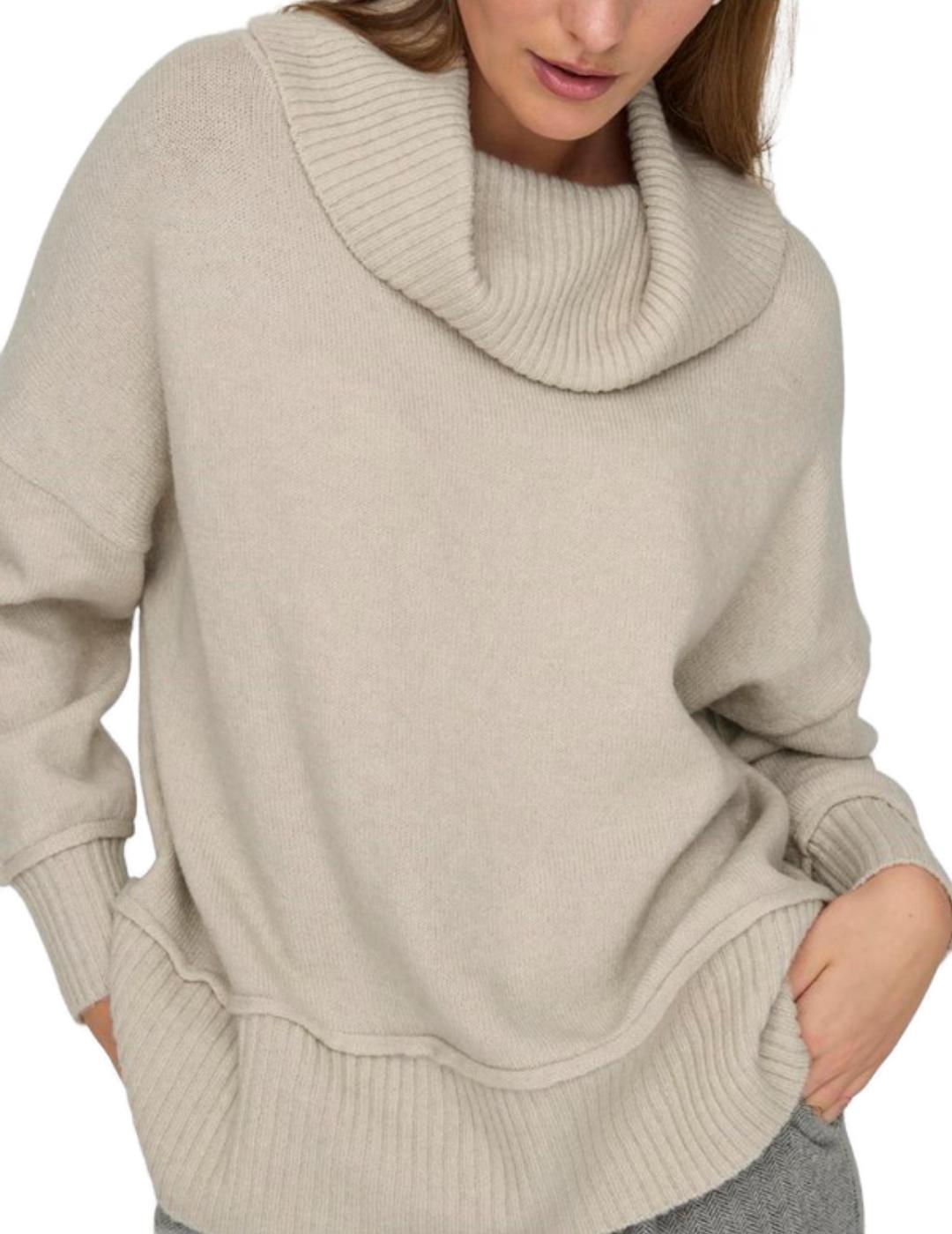 Jersey Only Hazel beige de lana cuello vuelto amplio mujer